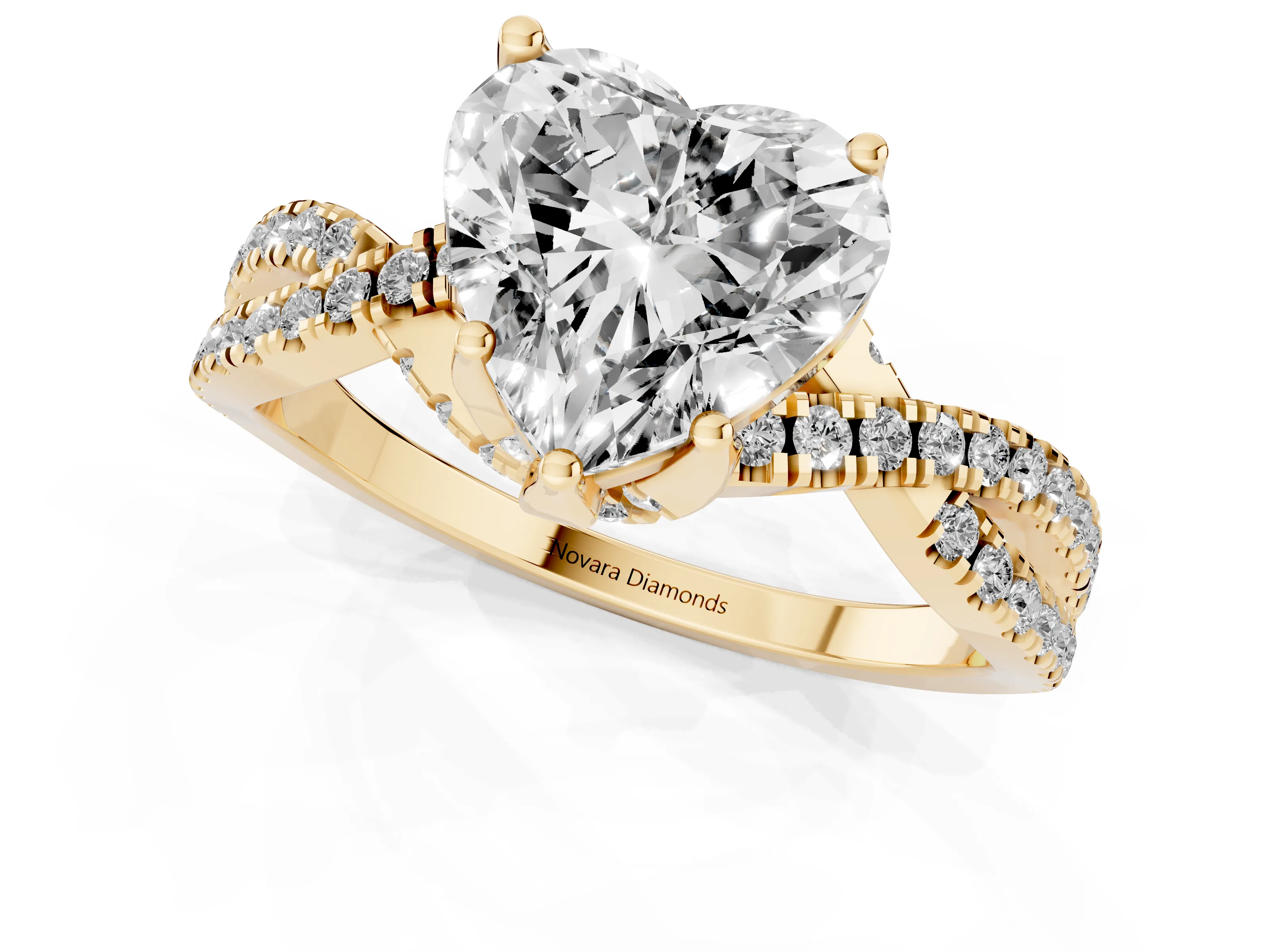 Heart Cut Diamond Twist Pavé Solitaire Engagement Ring Set in Yellow gold with Prong Setting