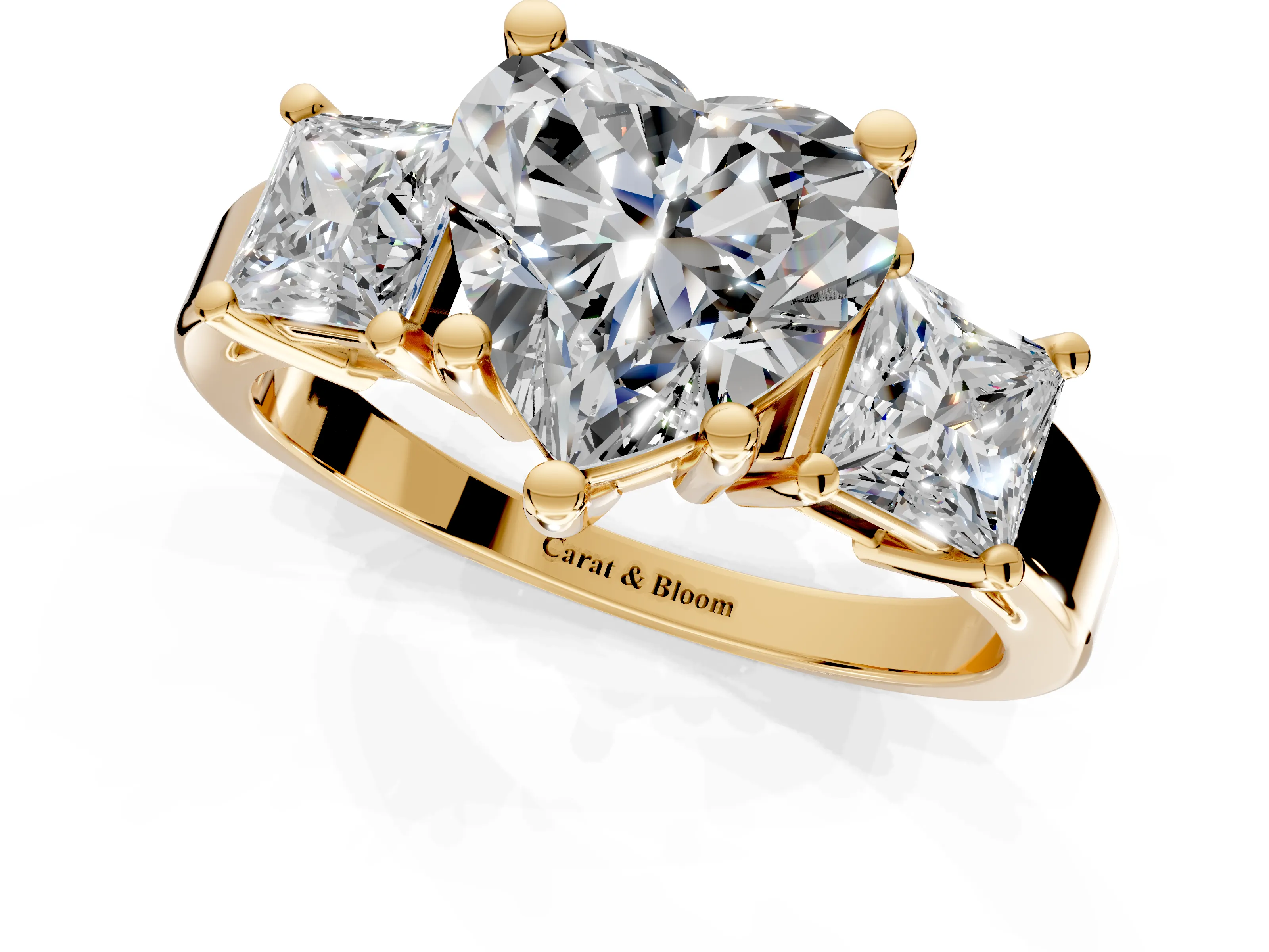 3 Stone Engagement Ring Setting for Heart-Shaped Center with Matching Side Accents and Prong Head in Yellow Gold