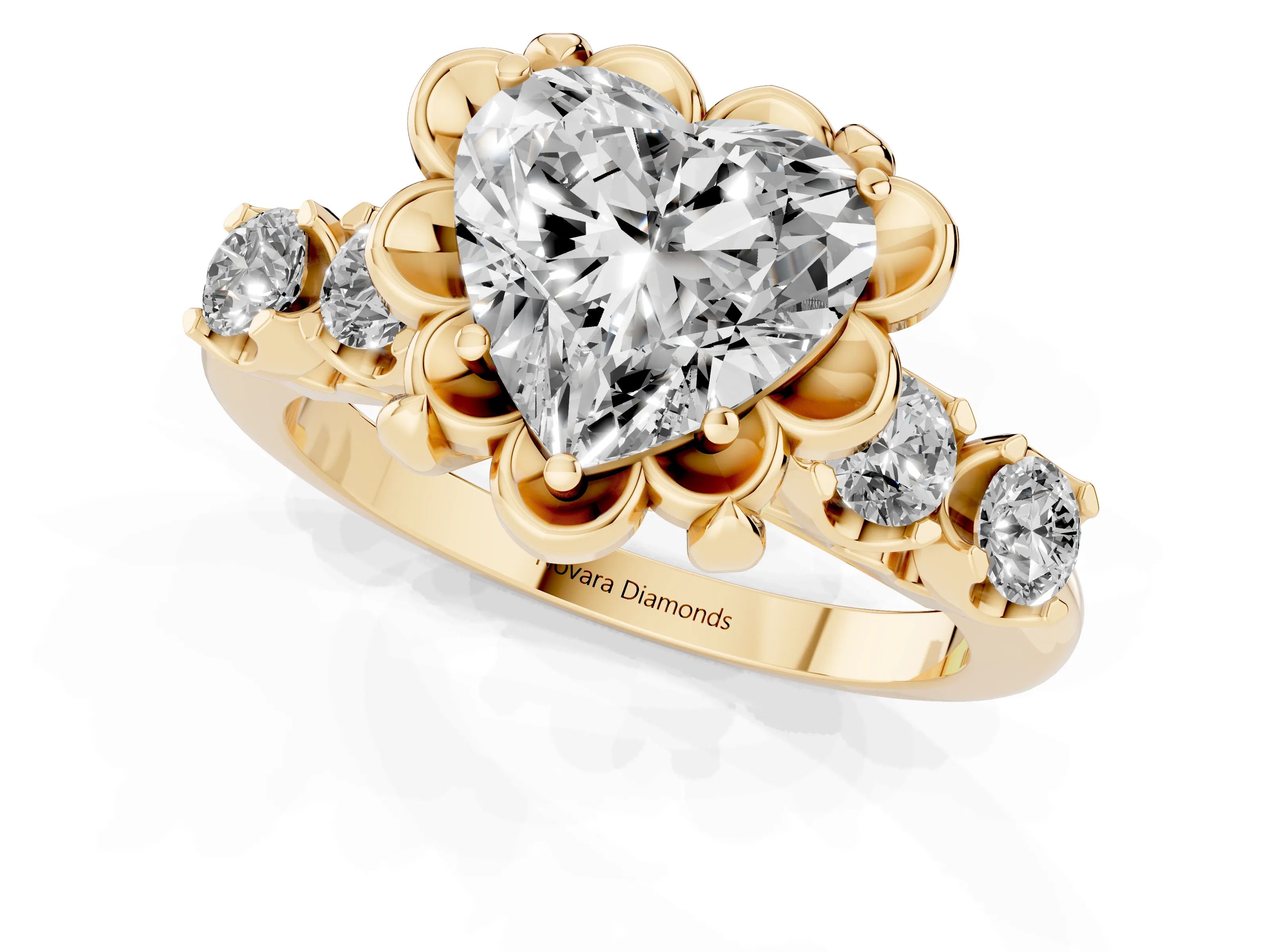Heart Cut Diamond Floral Halo Ring Set in Yellow gold with Shared Prong Band