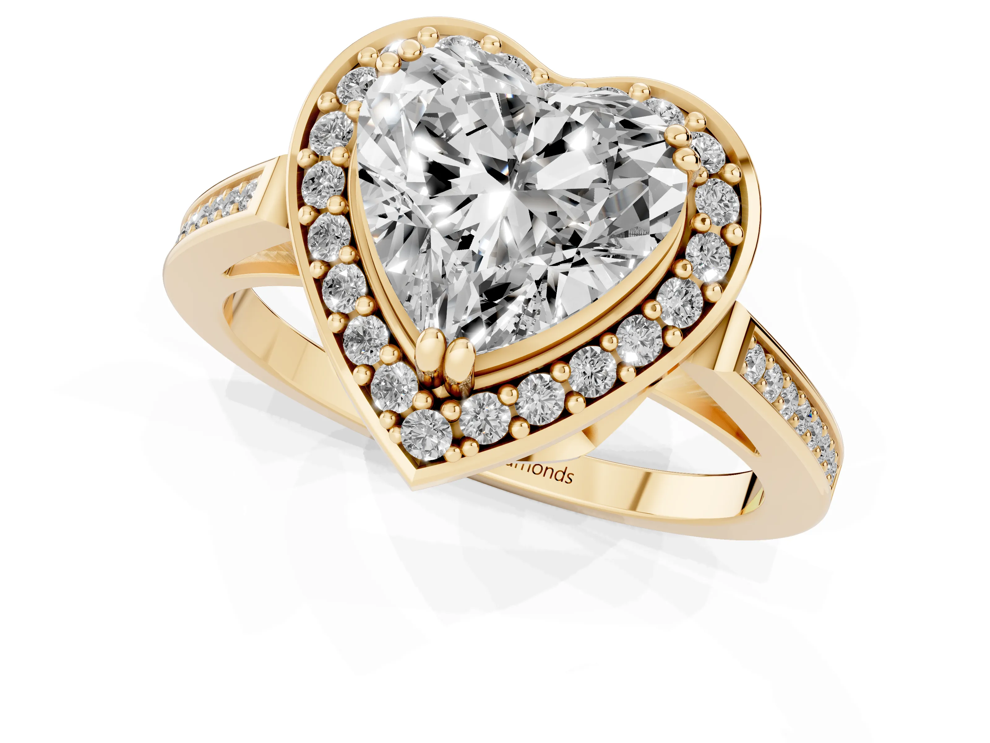 Heart Cut Diamond Halo Ring Set in Yellow gold with Accent-Lined Split Shank and Prong Setting