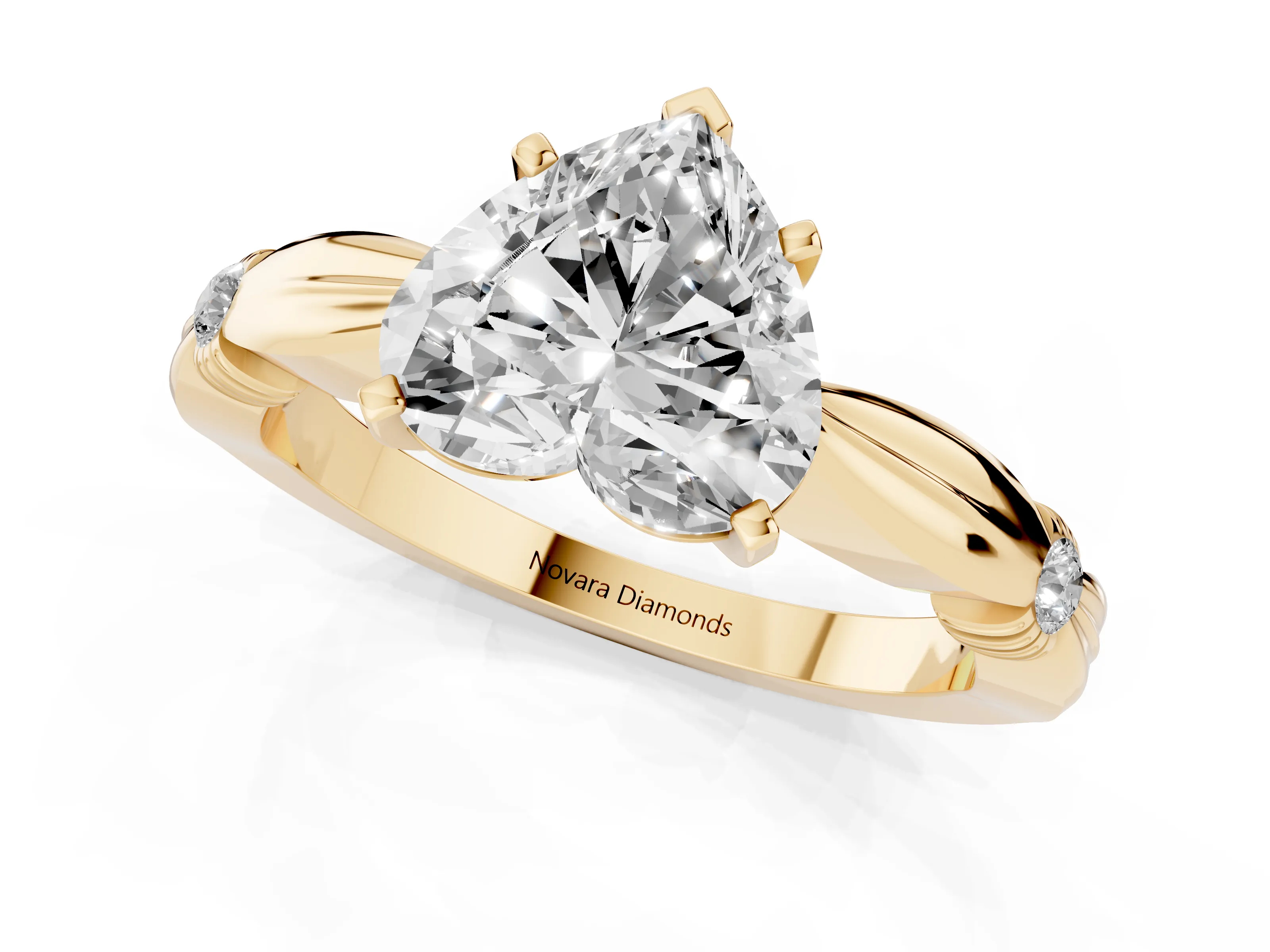 Heart Cut Diamond Solitaire Twisted Band Ring Set in Yellow gold with Accent Stones and Prong Setting