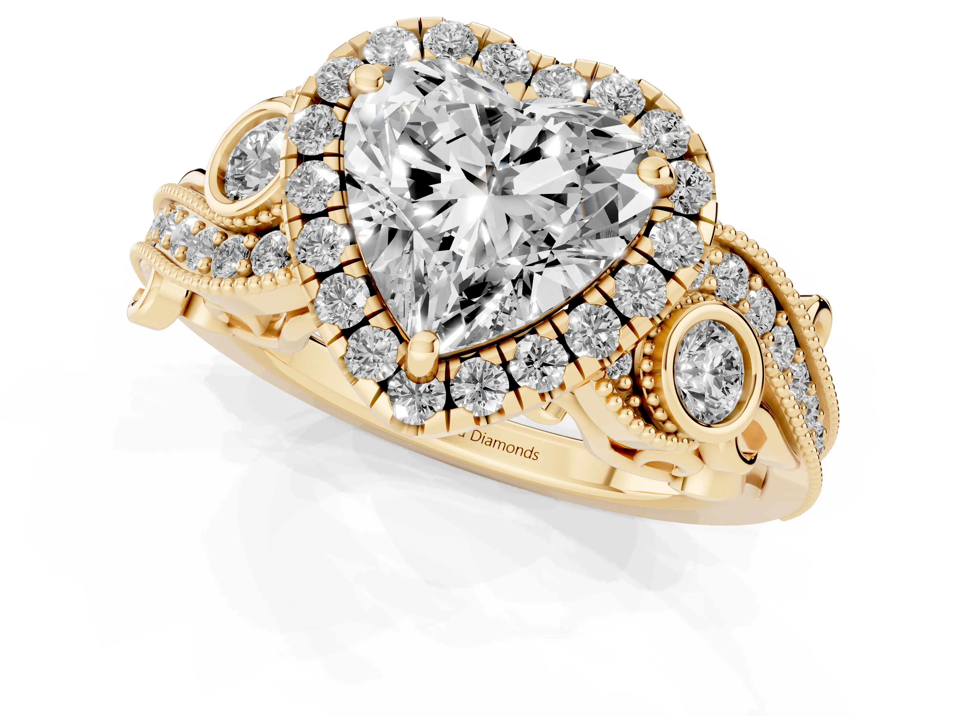 Heart Cut Diamond Halo Ring Set in Yellow gold with Milgrain Pavé Band and Prong Setting – second view