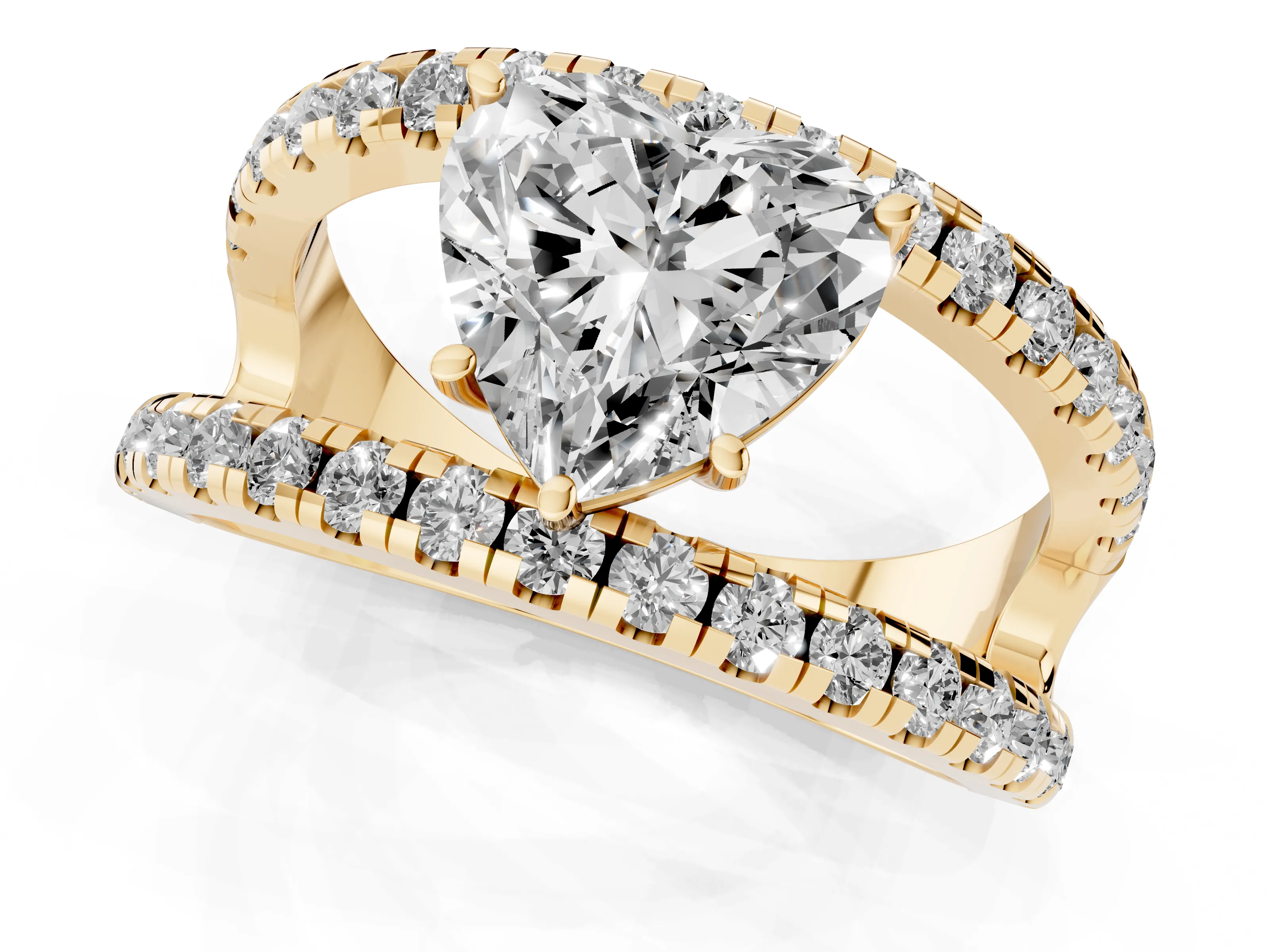 Heart Cut Diamond Split Shank Pavé Solitaire Ring Set in Yellow gold with Open Shank Design