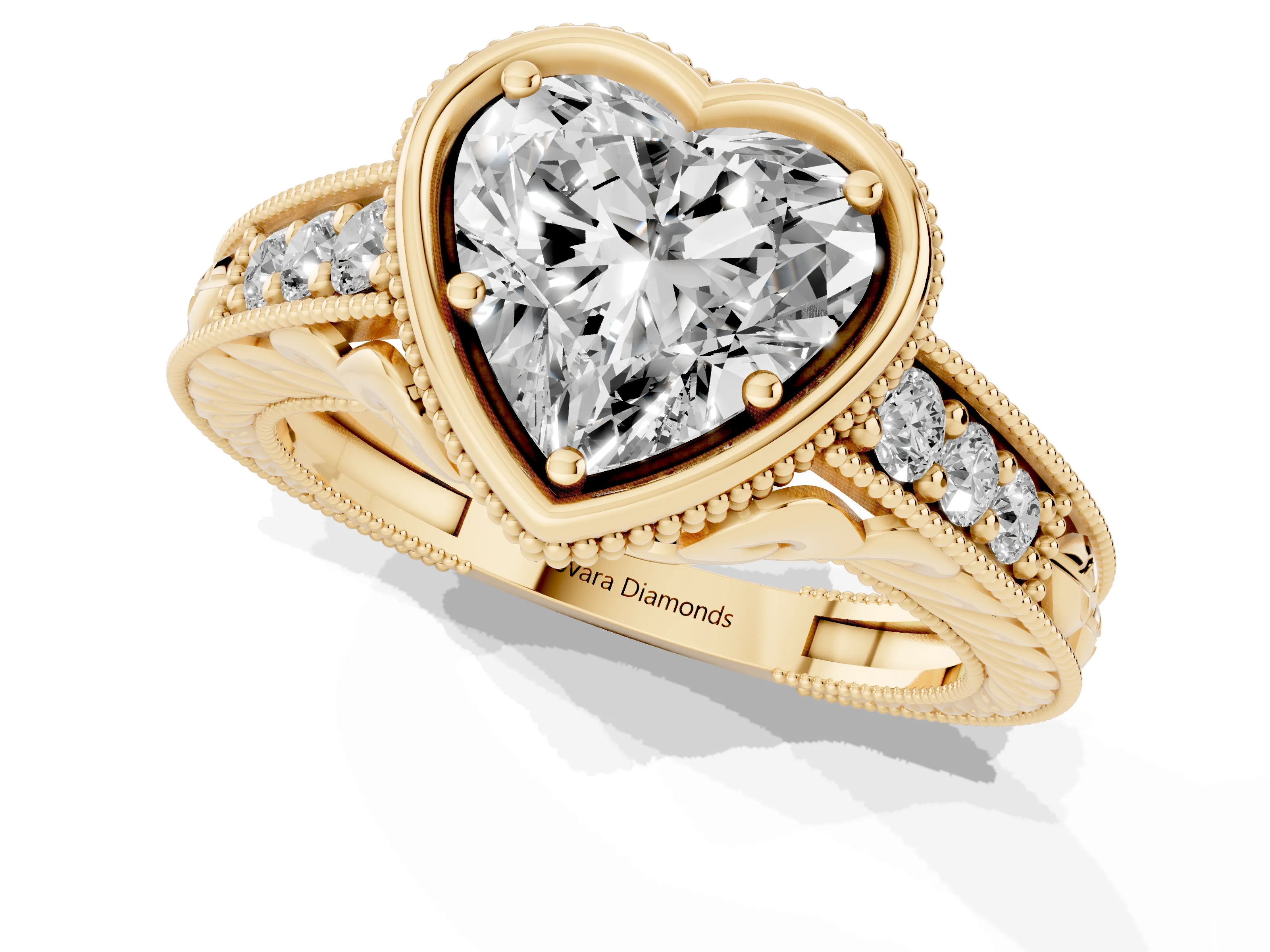 Bezel Set Heart Cut Diamond Milgrain Pavé Engagement Ring Set in Yellow gold