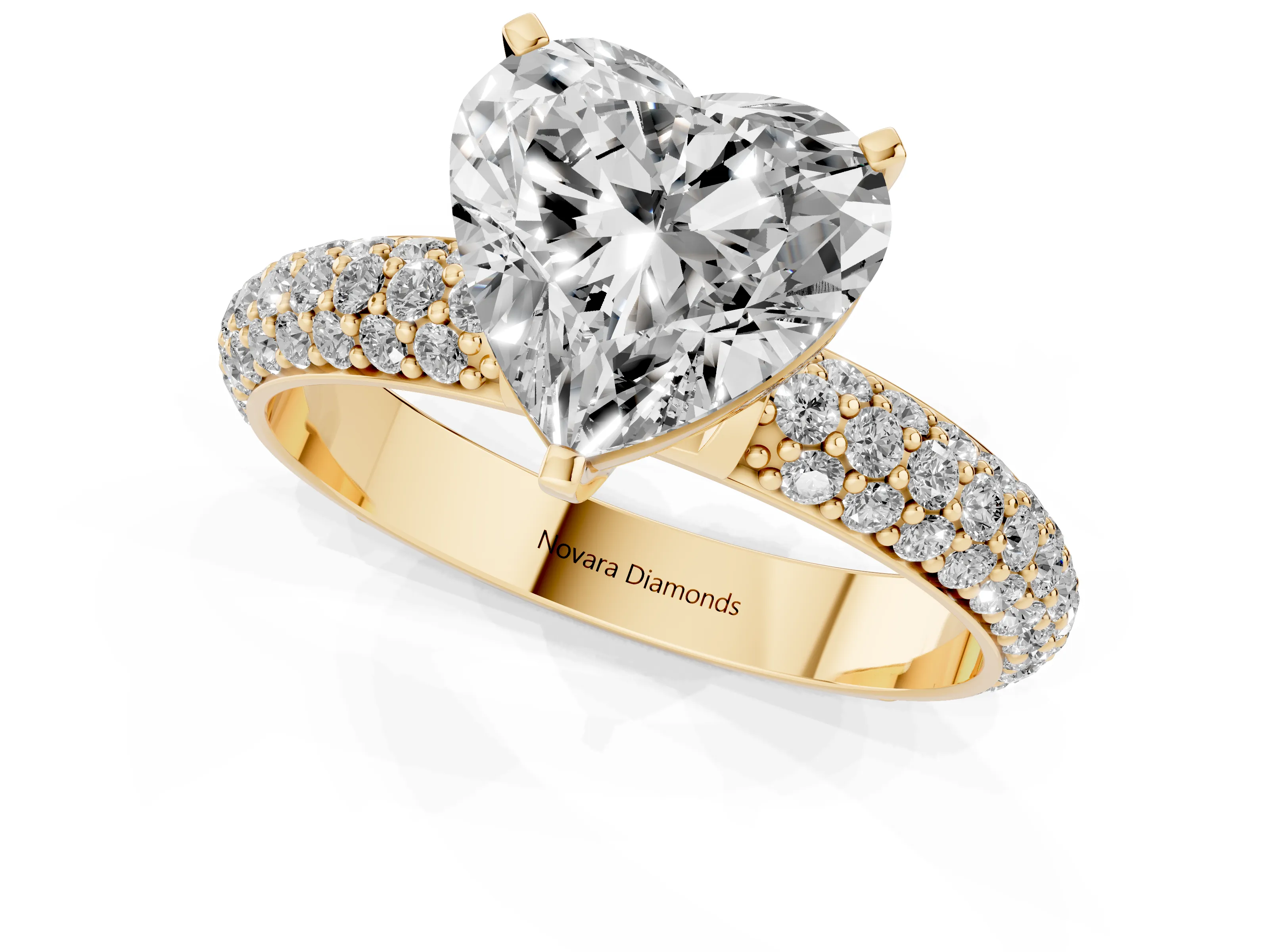 Heart Cut Diamond Solitaire Ring Set in Yellow gold with Prong Setting and Pavé-Set Band