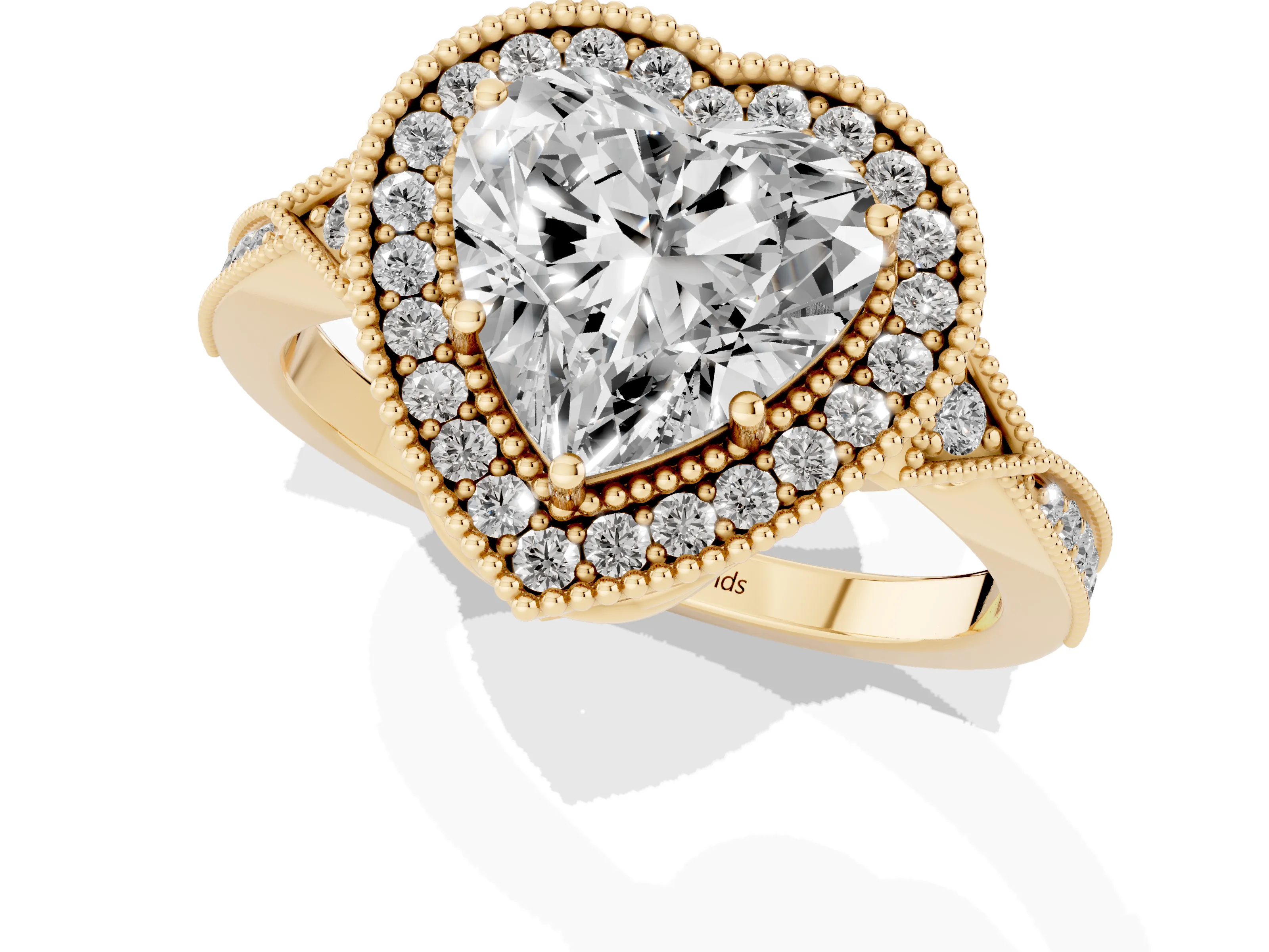 Heart Cut Diamond Halo Engagement Ring Set in Yellow gold with Milgrain Pavé Band