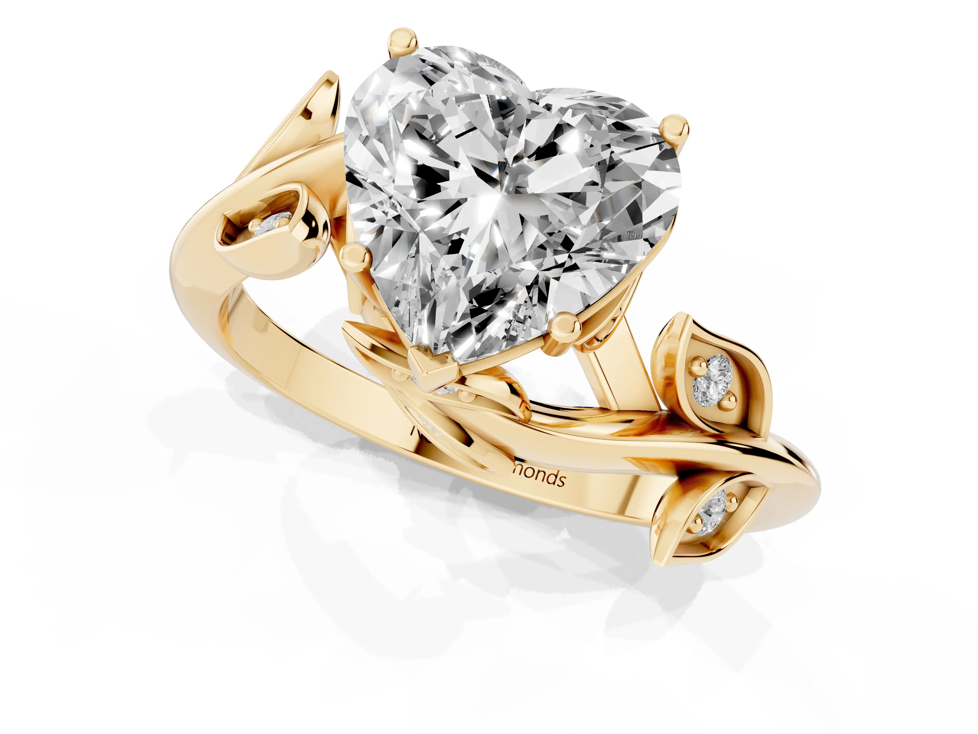 Heart Cut Diamond Solitaire Twist Engagement Ring Set in Yellow gold with Pavé Leaf Accents