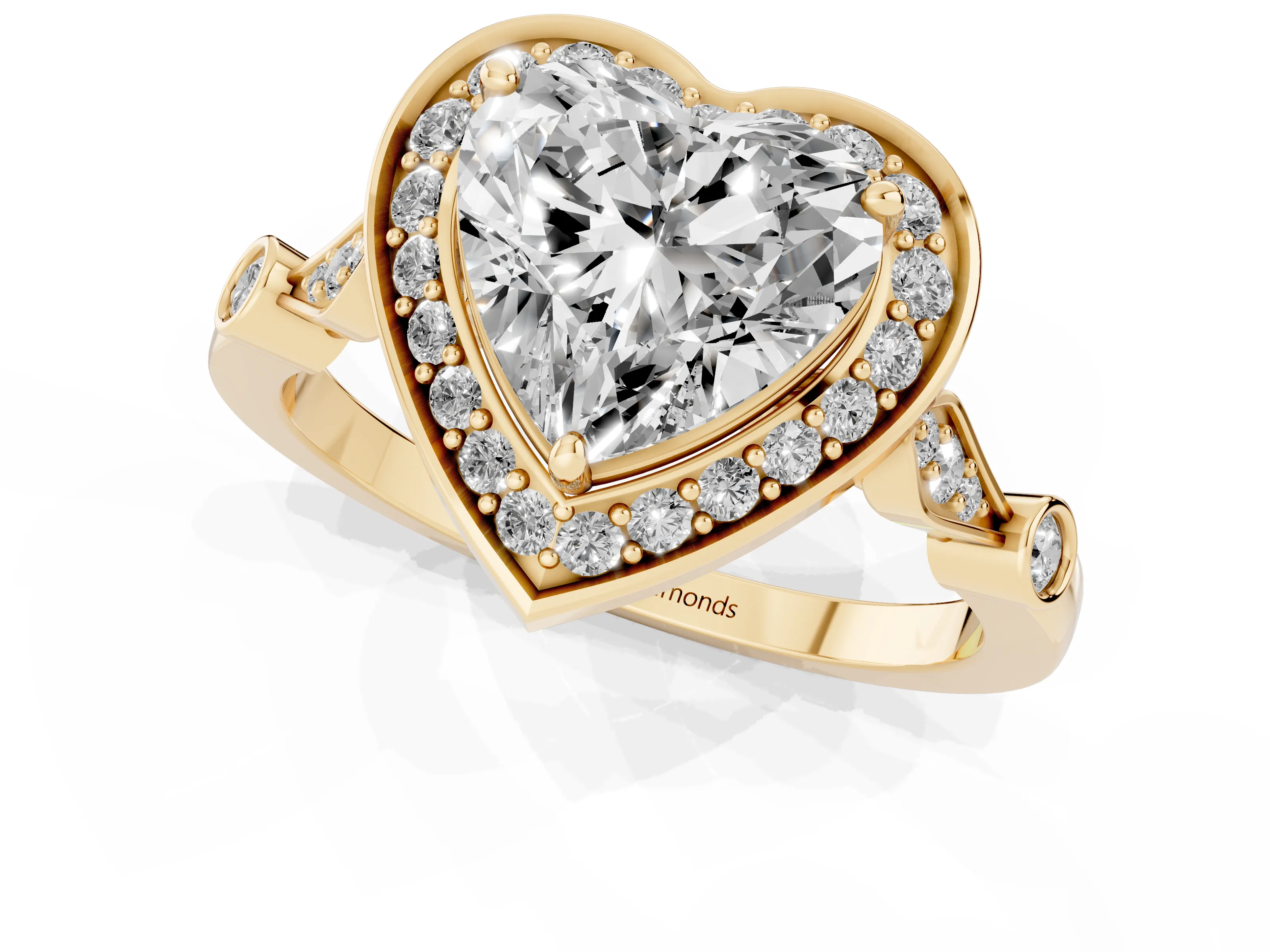 Heart Cut Diamond Halo Engagement Ring Set in Yellow gold with Twisted Band and Prong Setting
