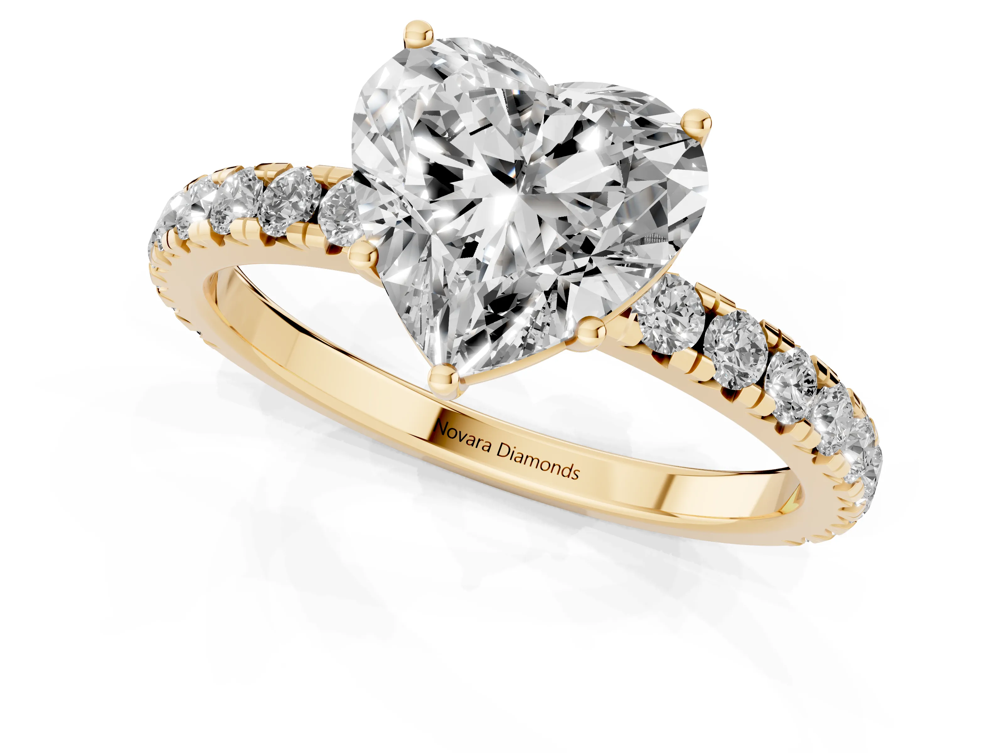 Heart Cut Diamond Pavé Solitaire Engagement Ring Set in Yellow gold with Prong Setting