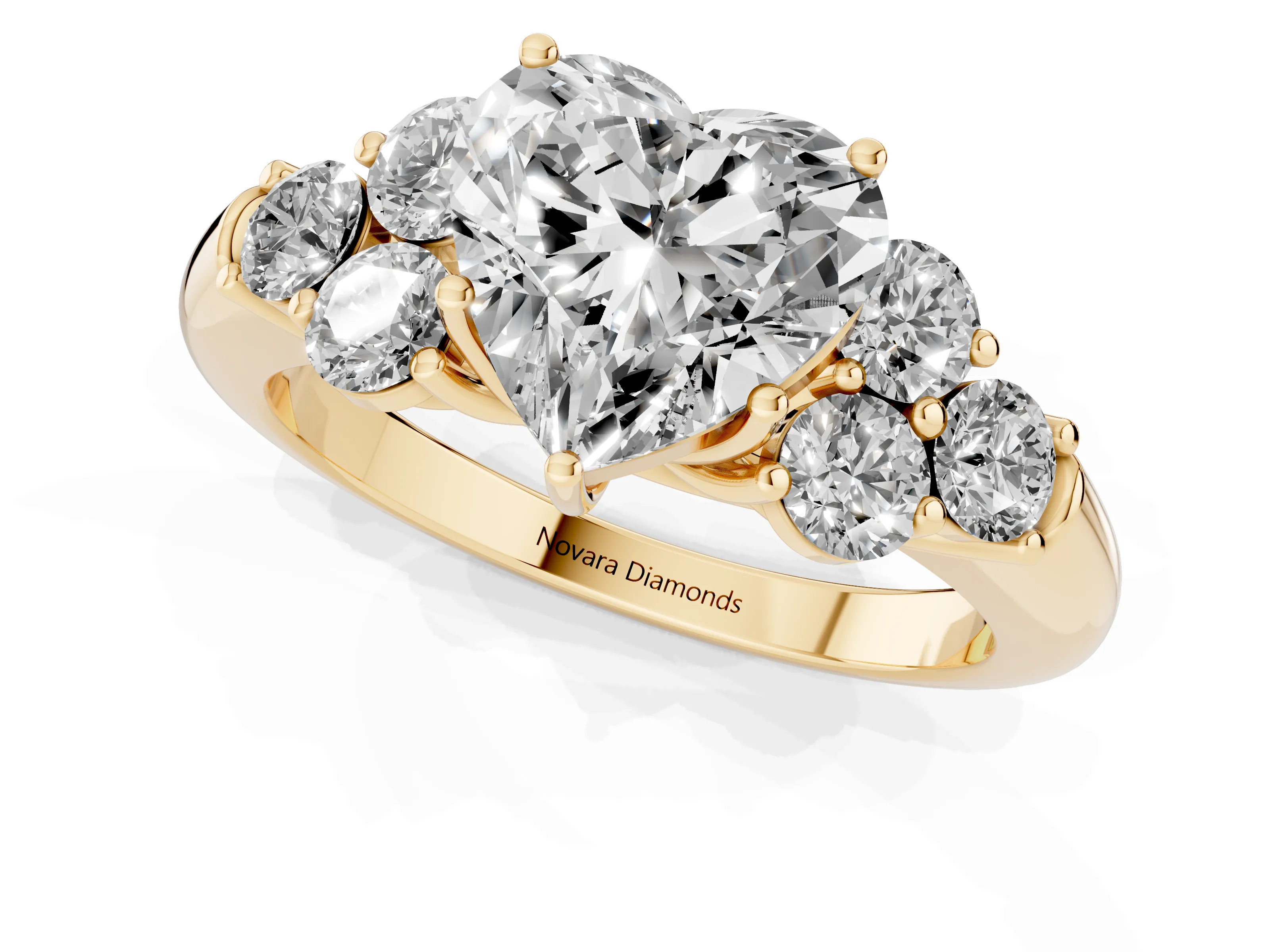 Heart Cut Diamond Cluster Ring Set in Yellow gold with Round Accent Stones and Prong Setting on a Plain Band