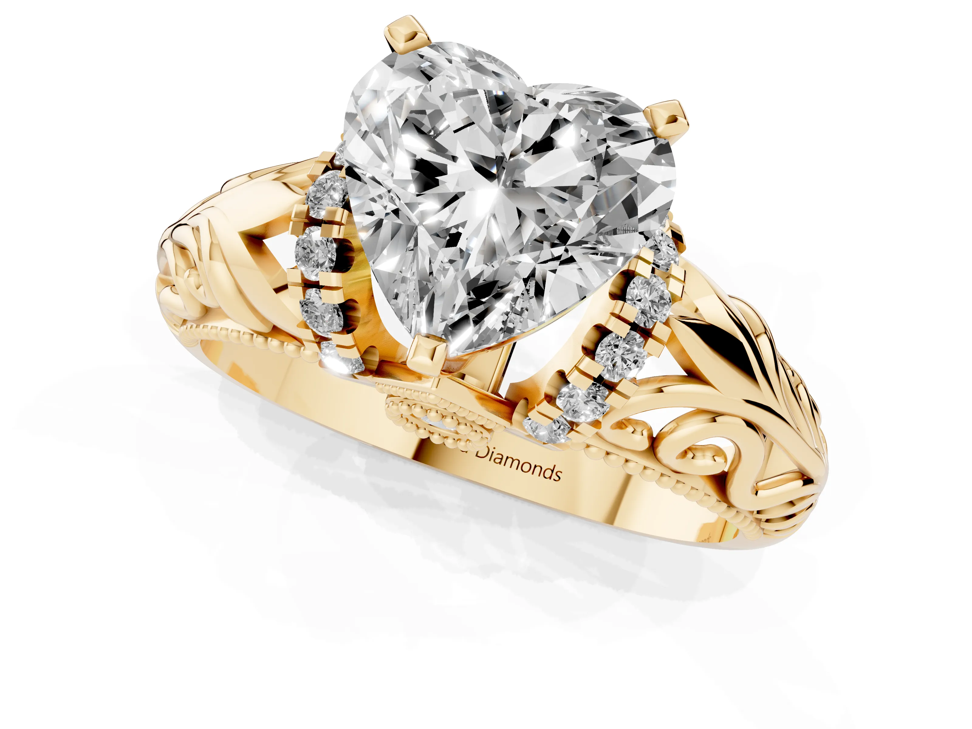 Heart Cut Diamond Filigree Halo Engagement Ring Set in Yellow gold with Prong Setting