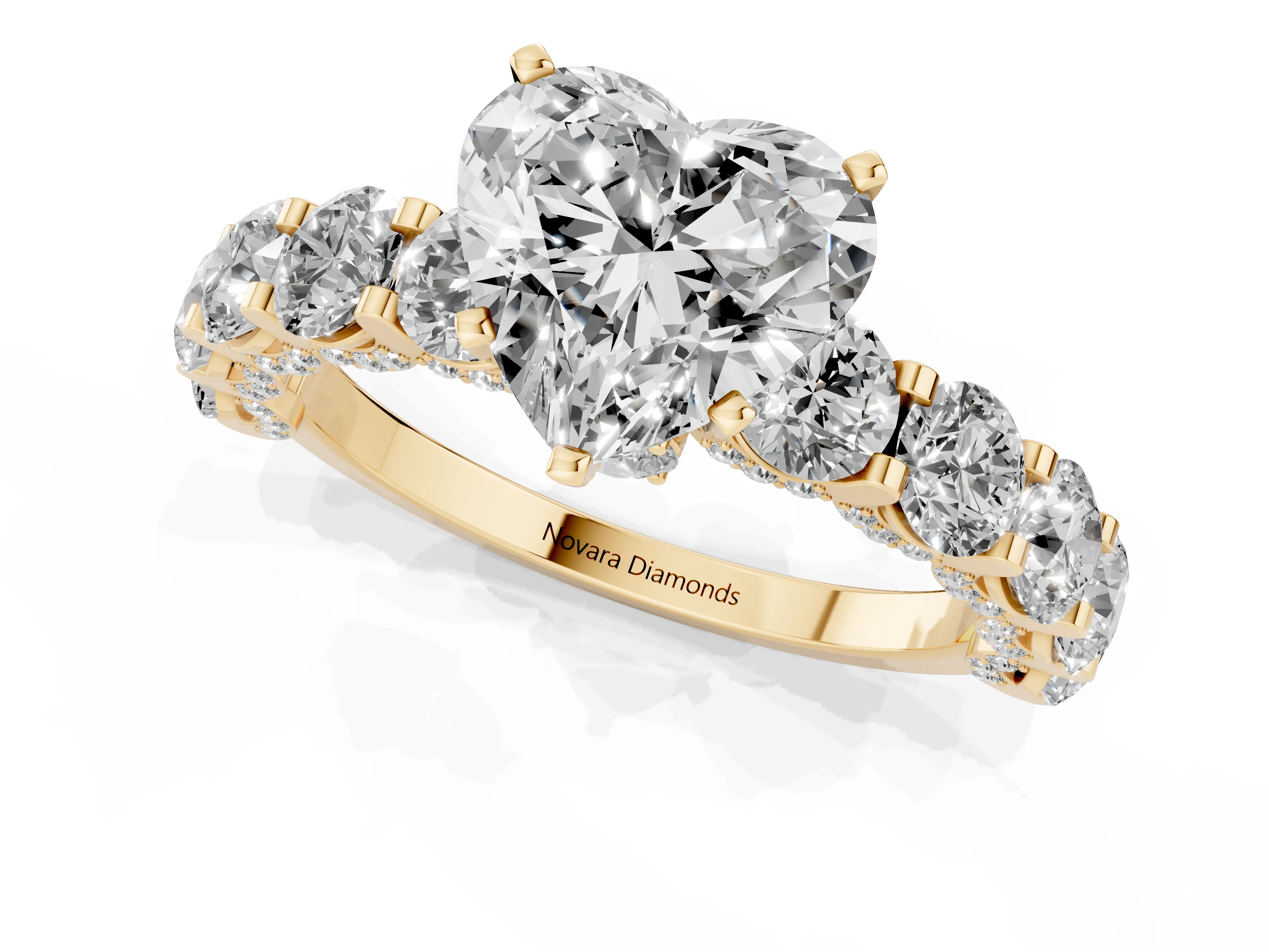 Heart Cut Diamond Side Stone Ring Set in Yellow gold with Alternating Round and Oval Side Stones – second view