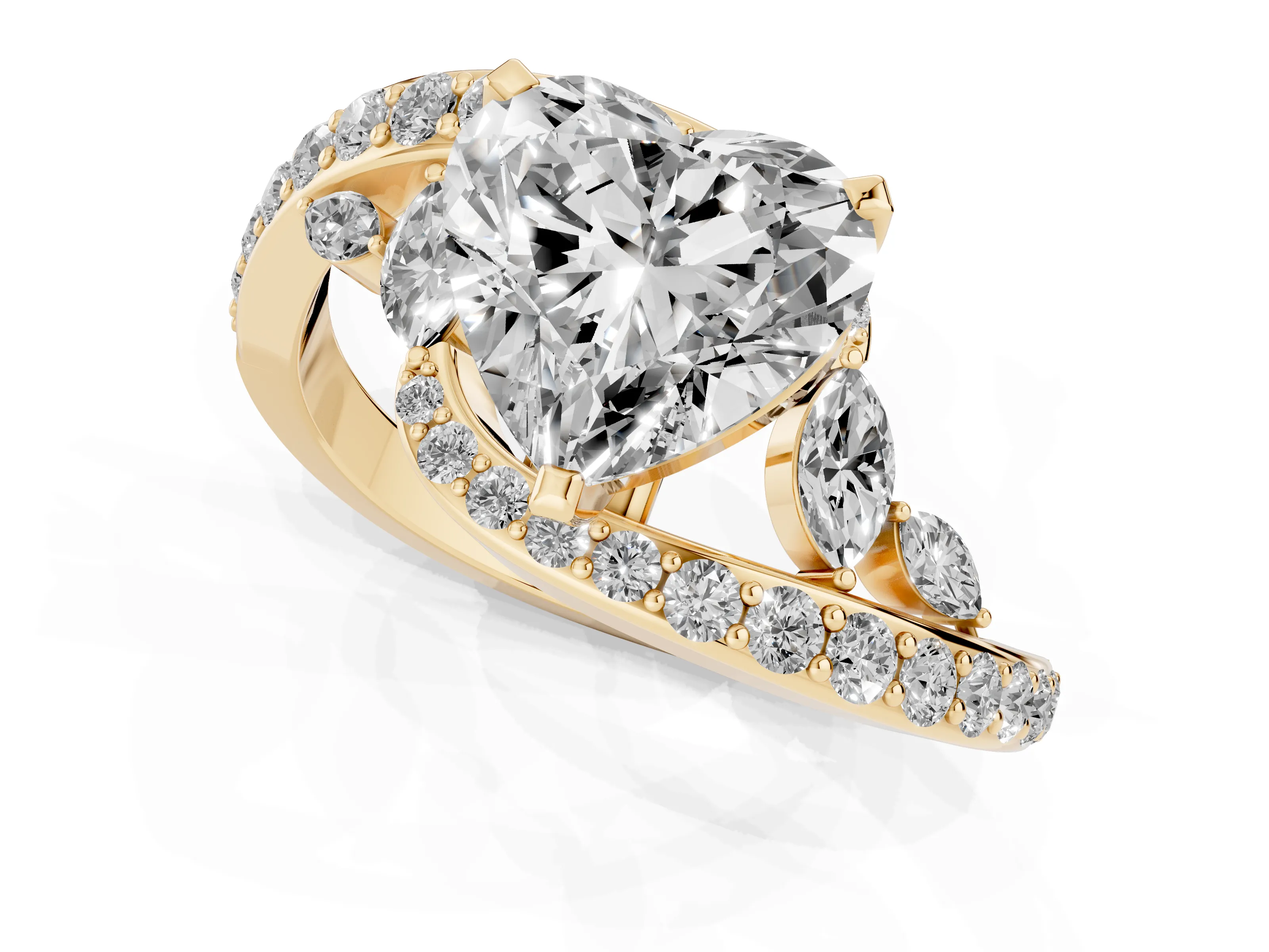 Heart Cut Diamond Solitaire Ring Set in Yellow gold with Pavé Twist Band and Secure Prong Setting