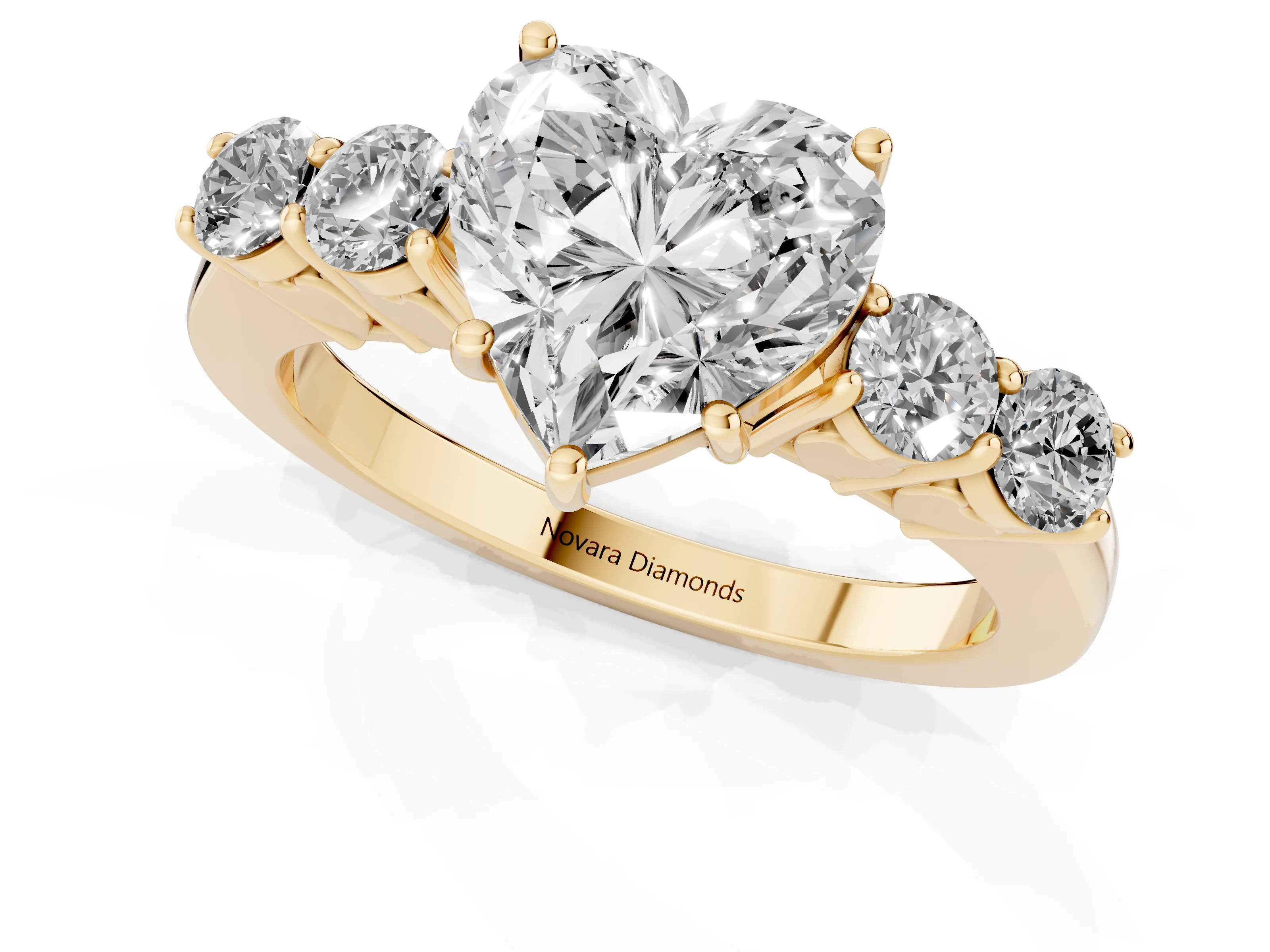 Heart Cut Diamond Five-Stone Prong Set Band Ring Set in Yellow gold with Polished Band