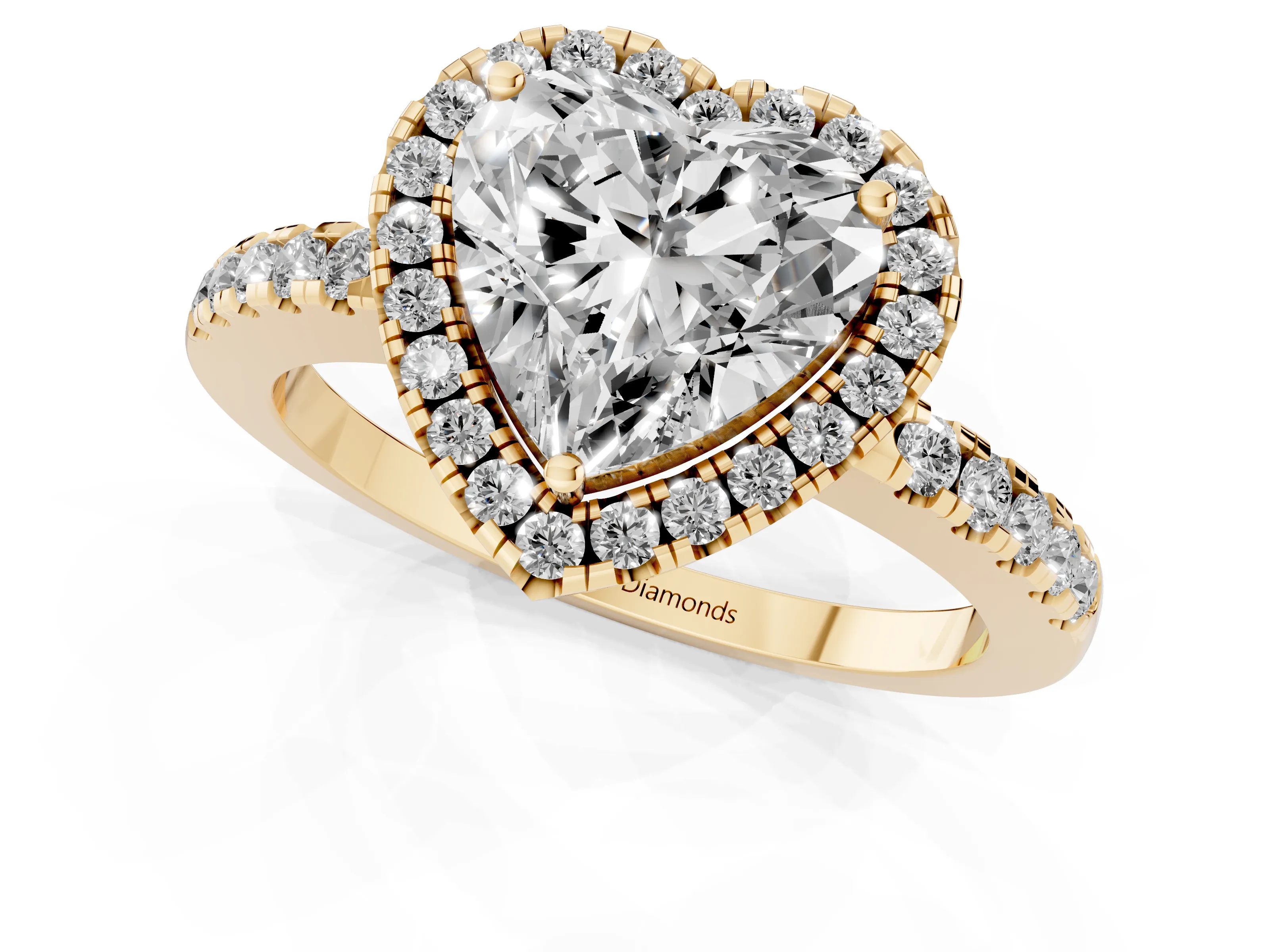 Heart Cut Diamond Pavé Band Halo Engagement Ring Set in Yellow gold with Prong Setting