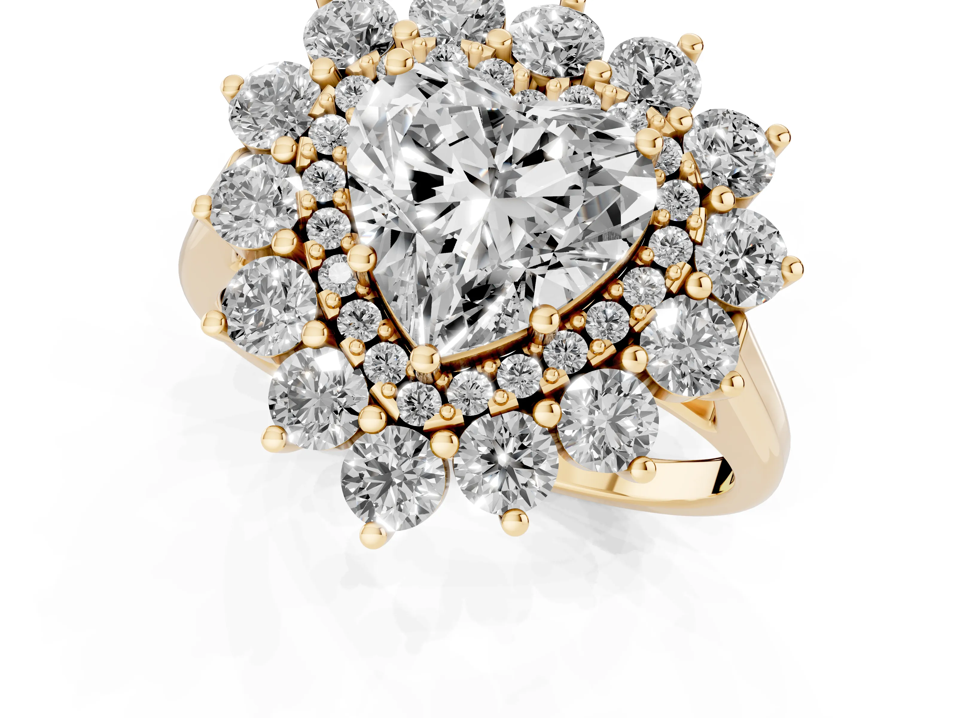 Heart Cut Diamond Floral Double Halo Ring Set in Yellow gold with Round Petals