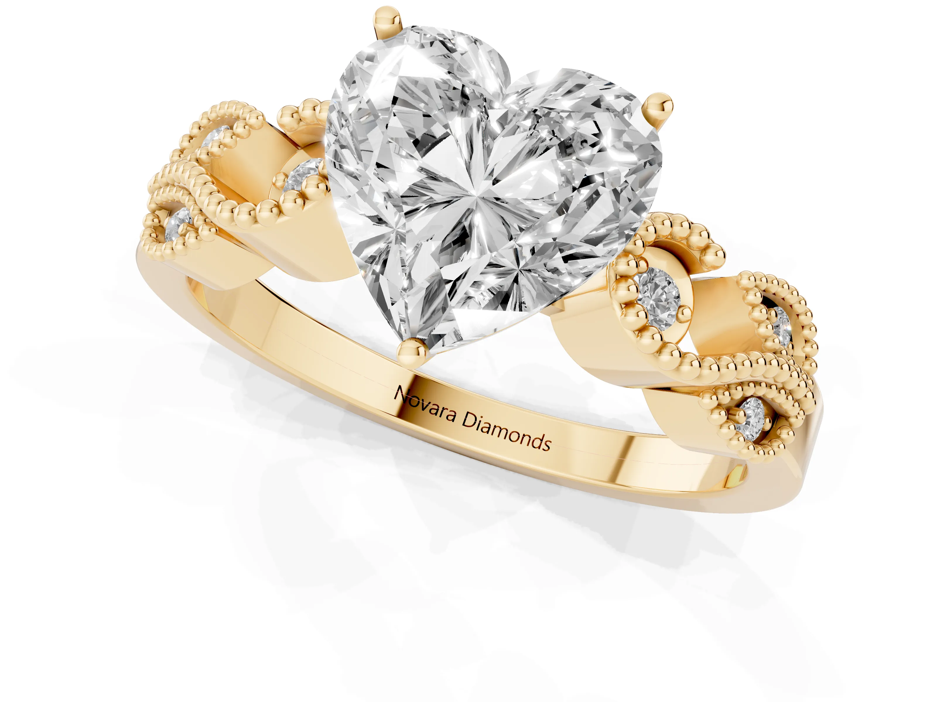 Heart Cut Diamond Milgrain Leaf Band Solitaire Ring Set in Yellow gold with Accent Stones and Prong Setting