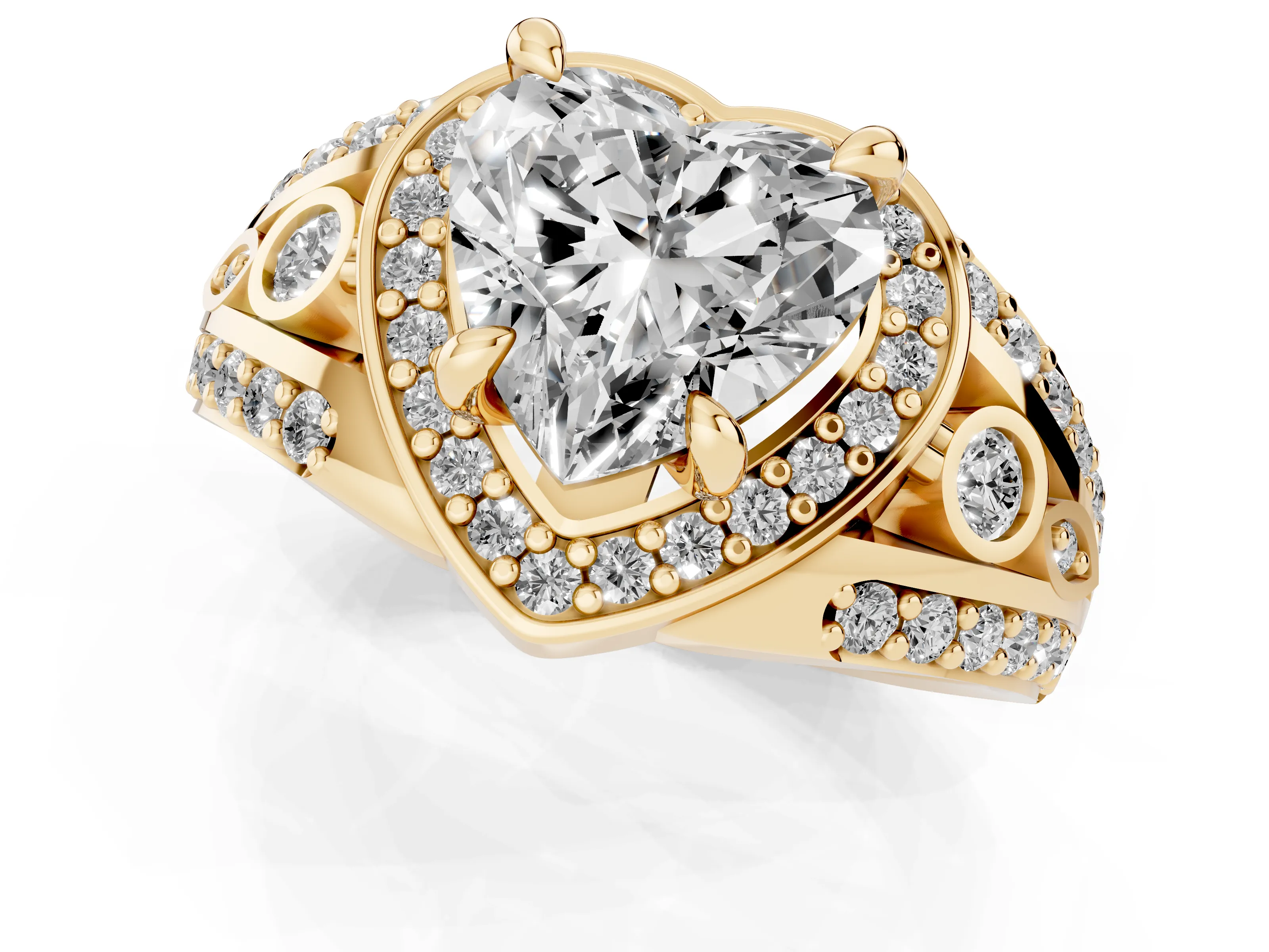 Heart Cut Diamond Halo Ring Set in Yellow gold with Pavé Split Shank and Bezel Accents