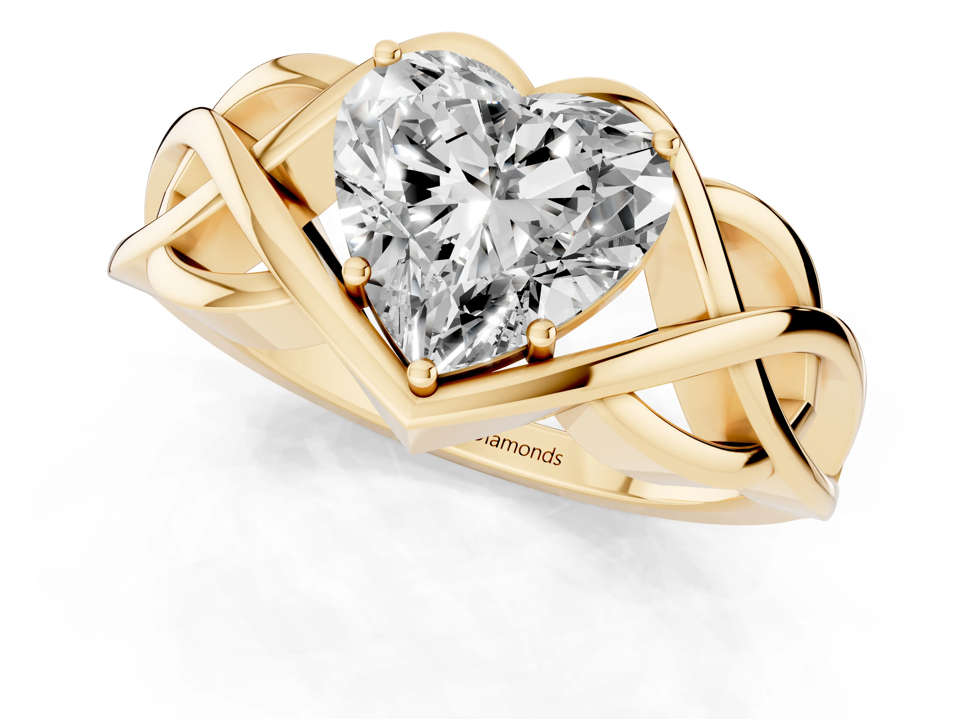 Heart Cut Diamond Solitaire Ring Set in Yellow gold with Intertwined Band