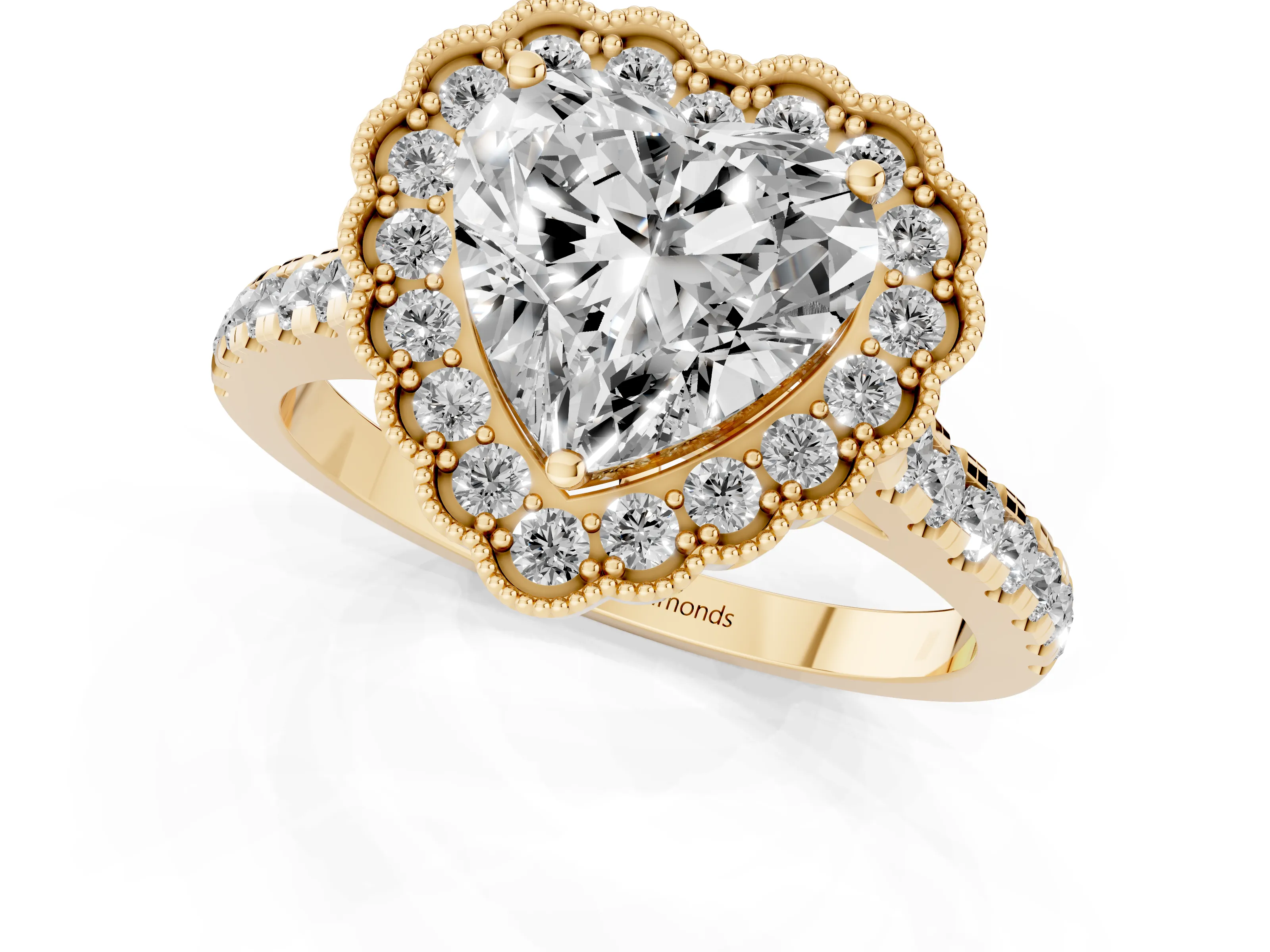 Heart Cut Diamond Milgrain Floral Halo Engagement Ring Set in Yellow gold with Pavé Band – second view