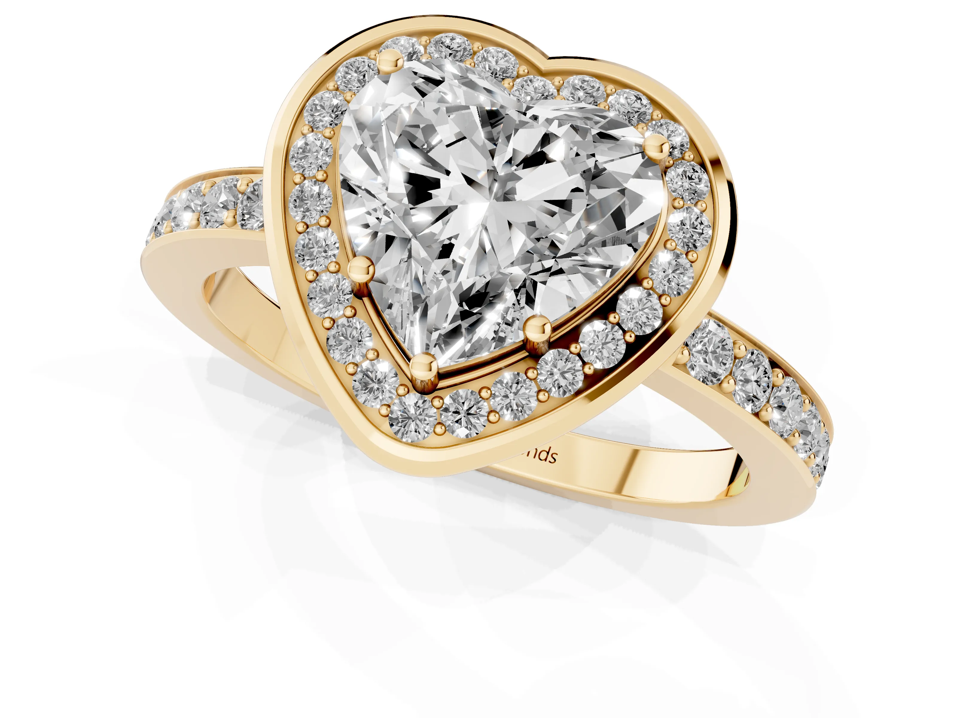 Heart Cut Diamond Halo Ring Set in Yellow gold with Bezel Frame and Pavé Band