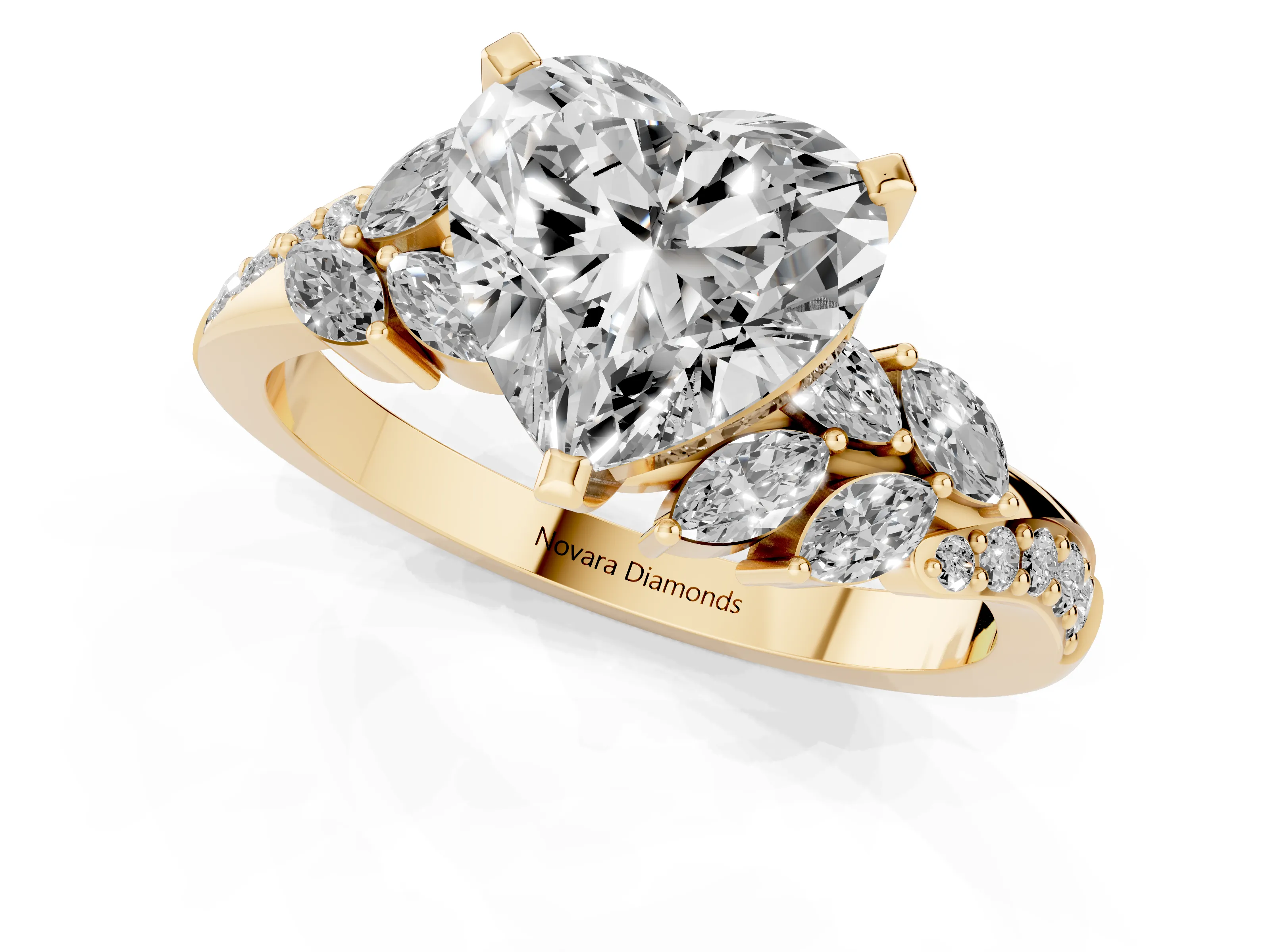 Heart Cut Diamond Solitaire Ring Set in Yellow gold with Marquise Twist Band and Prong Setting