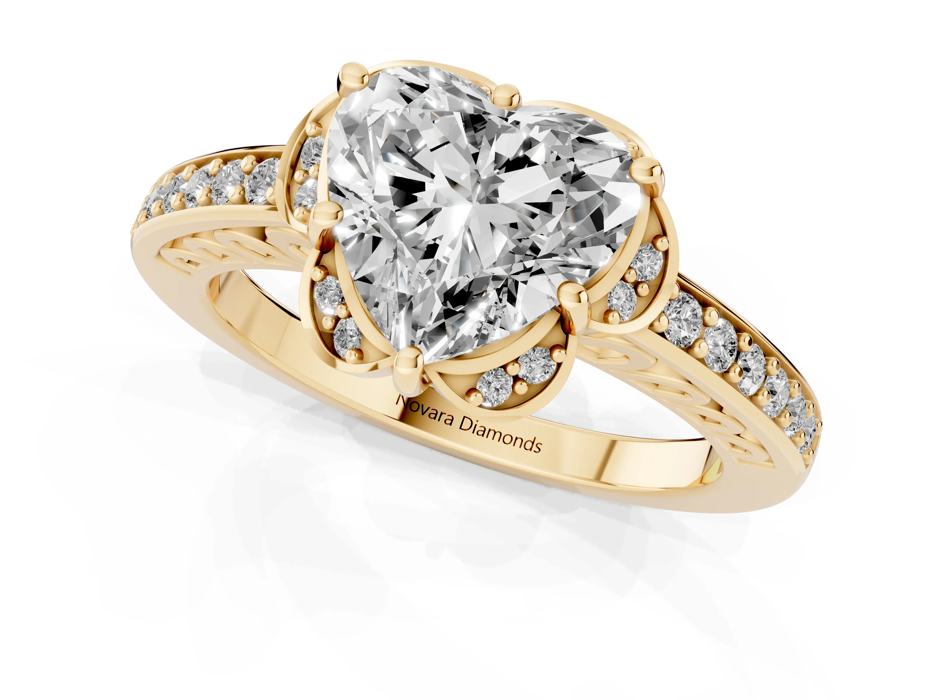 Heart Cut Diamond Halo Ring Set in Yellow gold with Channel Set Band and Prong Setting