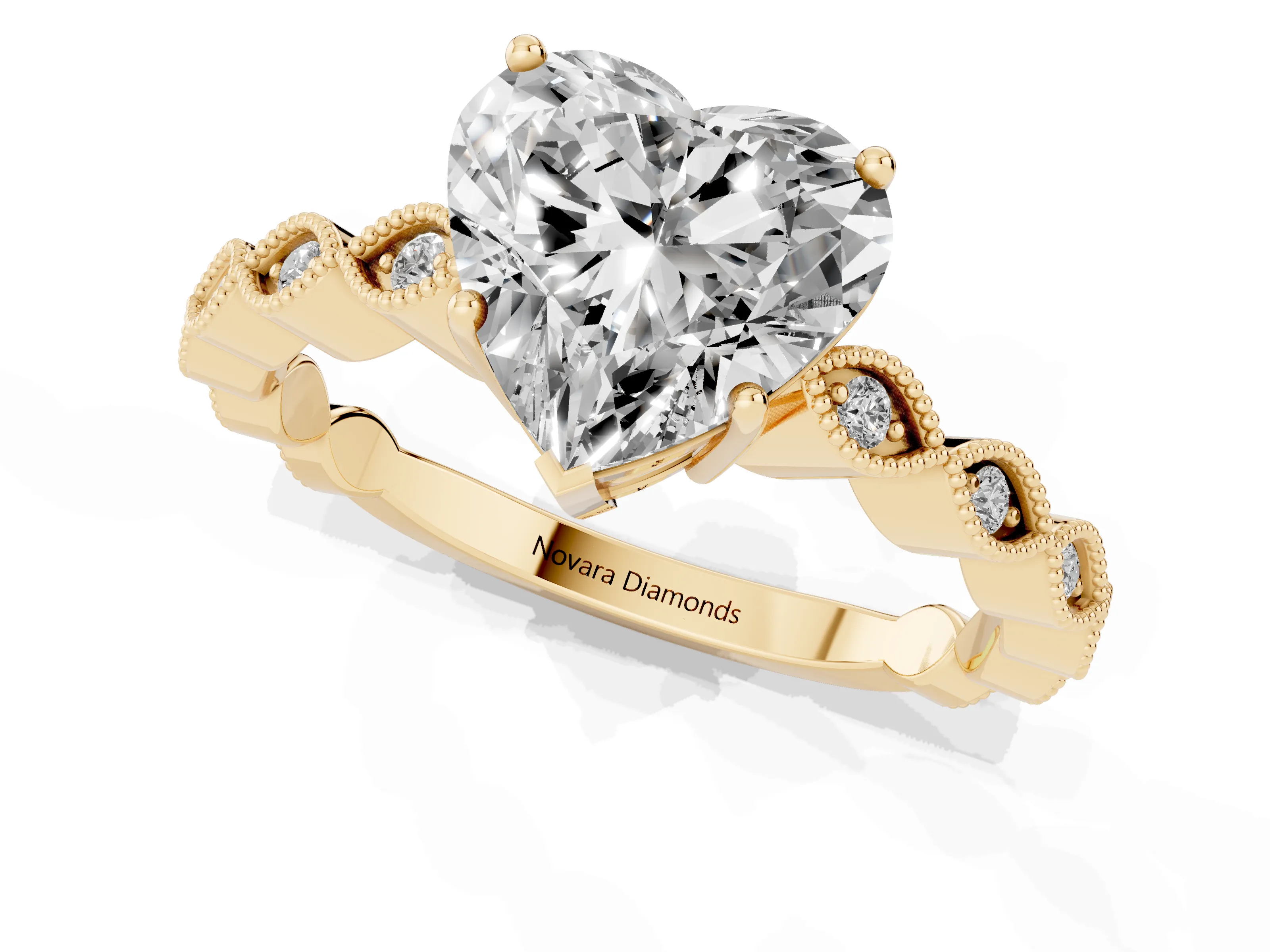 Heart Cut Diamond Solitaire Ring Set in Yellow gold with Infinity Twist Pavé Band