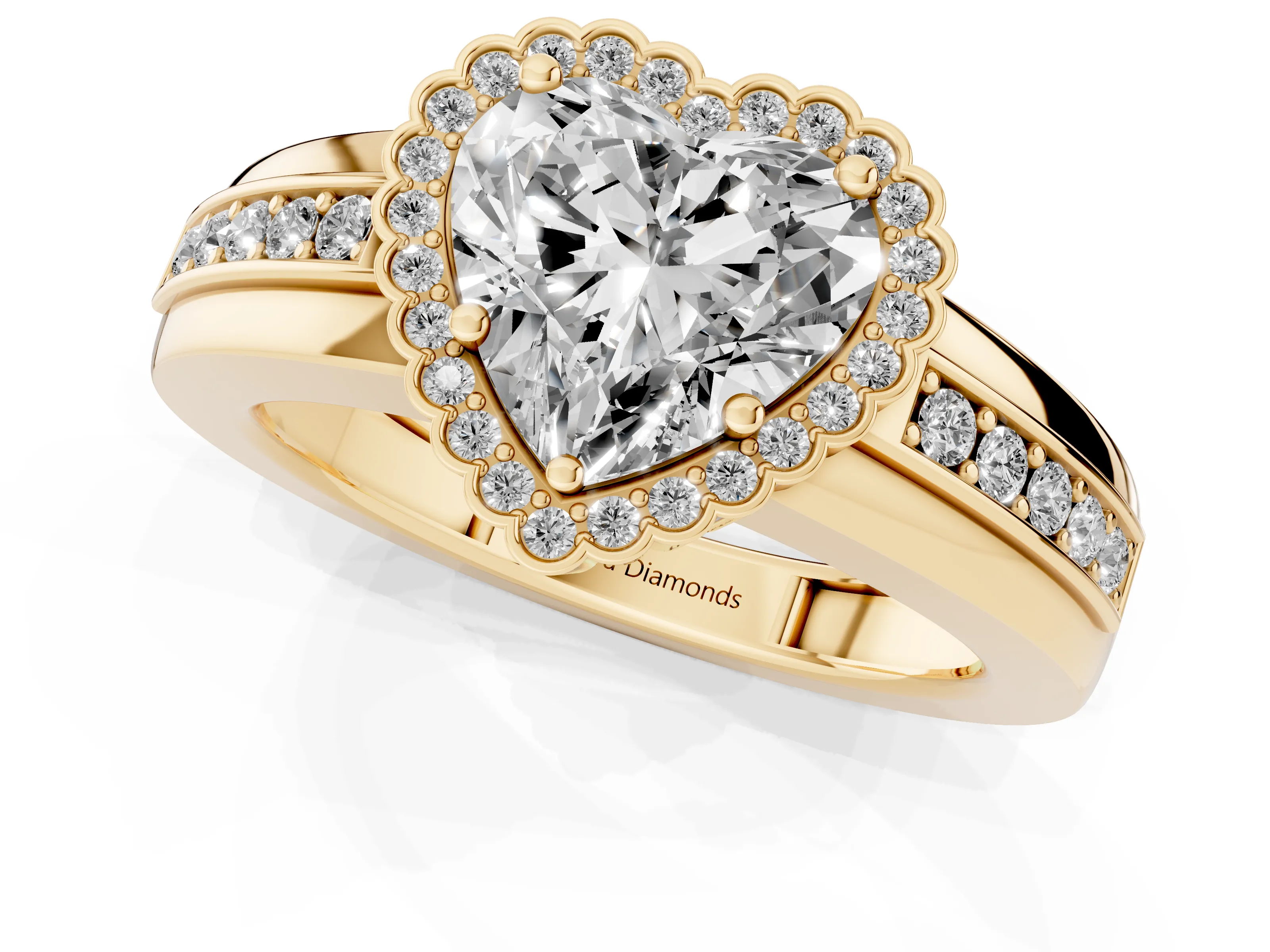 Heart Cut Diamond Halo Prong Ring Set in Yellow gold with Pavé Band