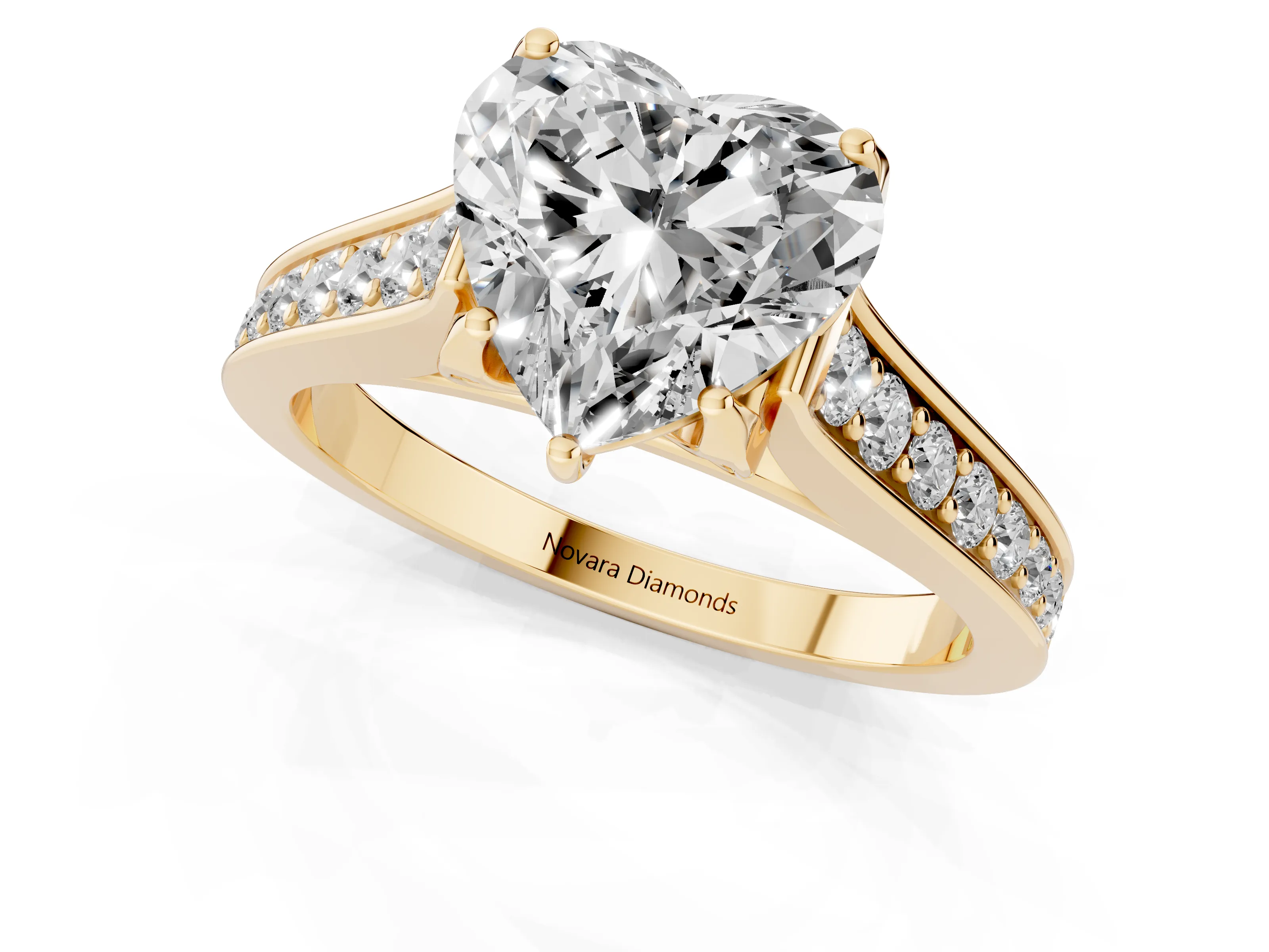 Heart Cut Diamond Solitaire Pavé Engagement Ring Set in Yellow gold with Prong Setting