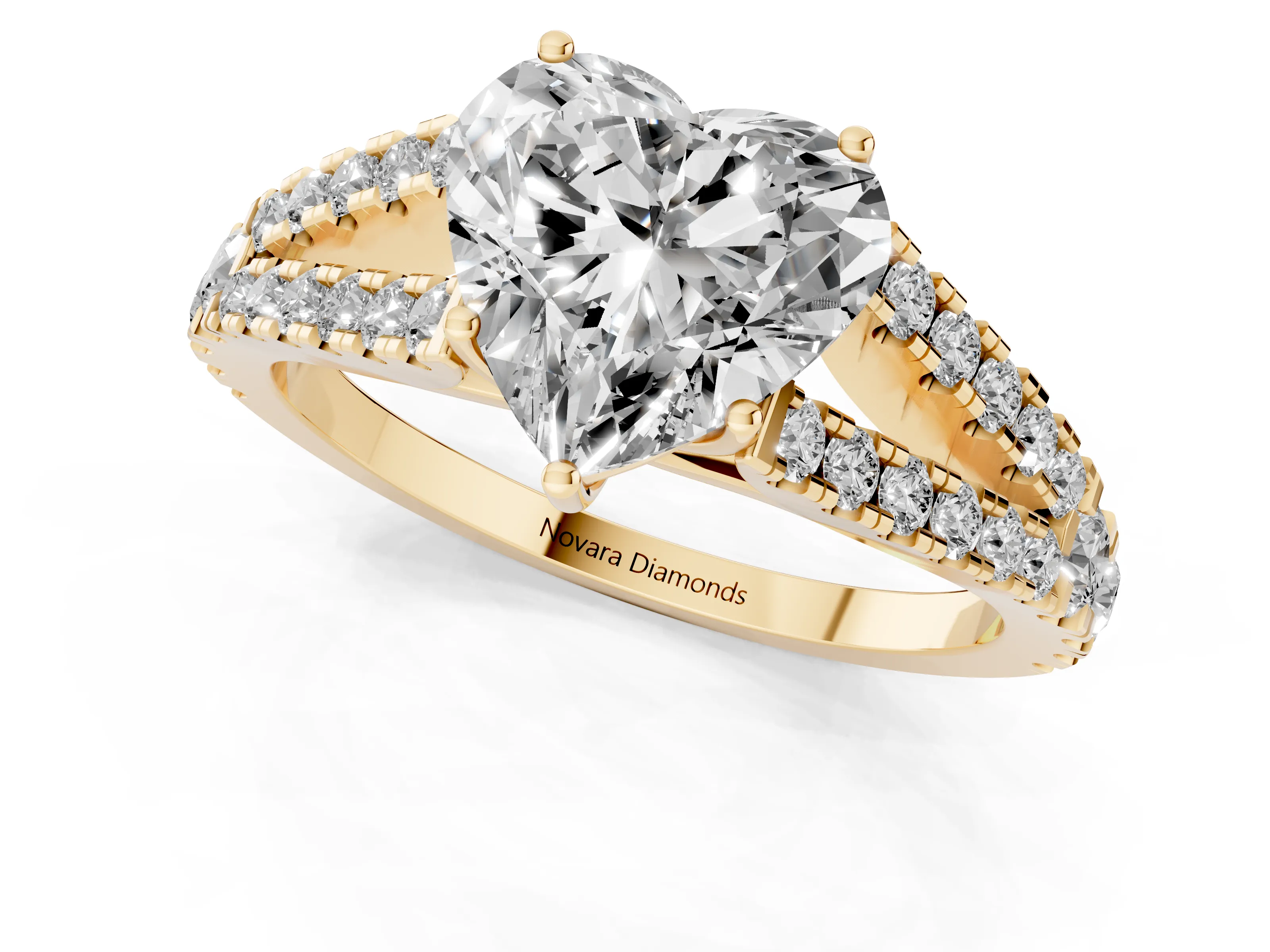 Heart Cut Diamond Split Shank Pavé Engagement Ring Set in Yellow gold with Prong-Held Center Stone