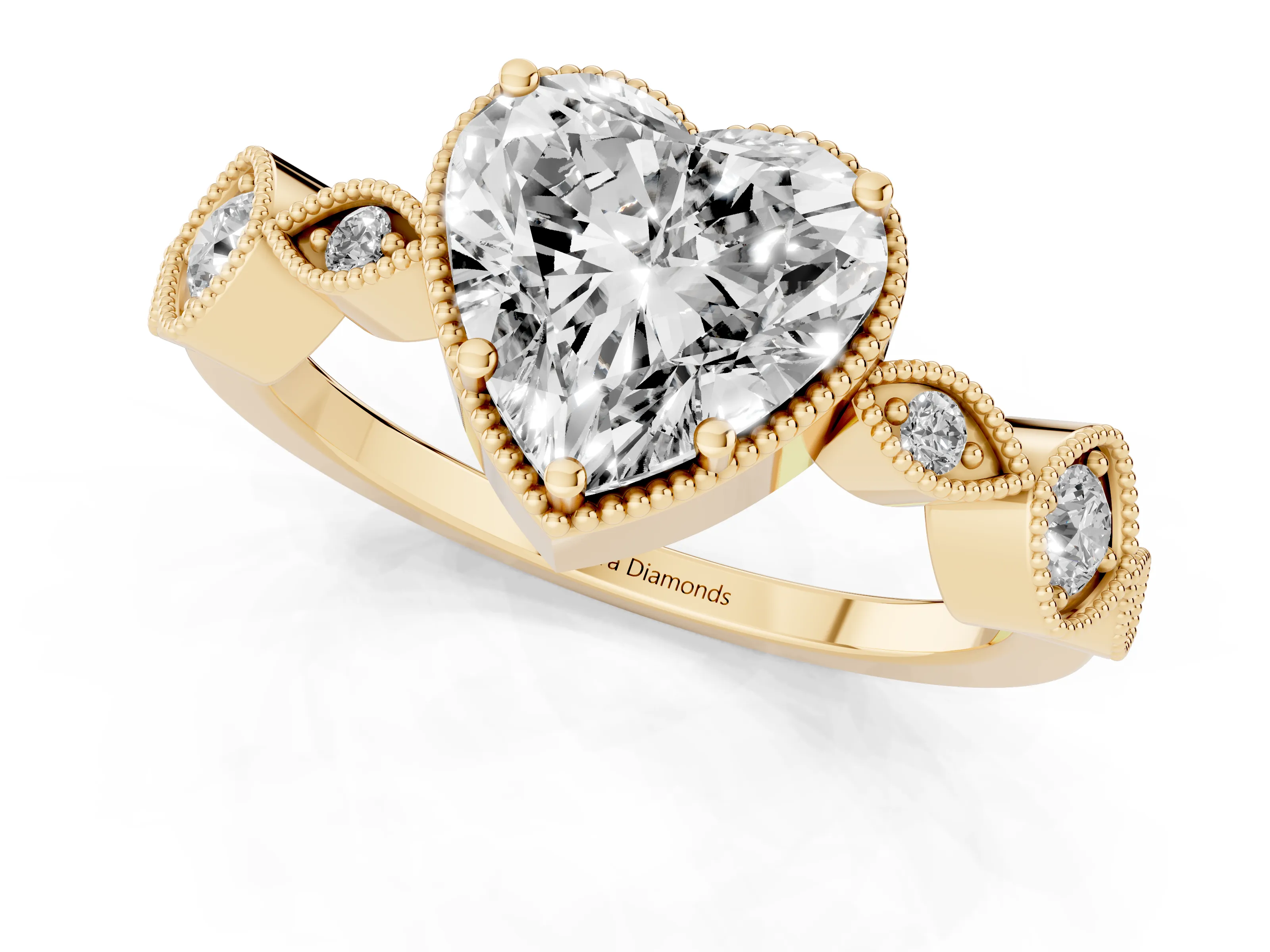 Heart Cut Diamond Vintage-Inspired Milgrain Ring Set in Yellow gold with Marquise Stations of Round Accents