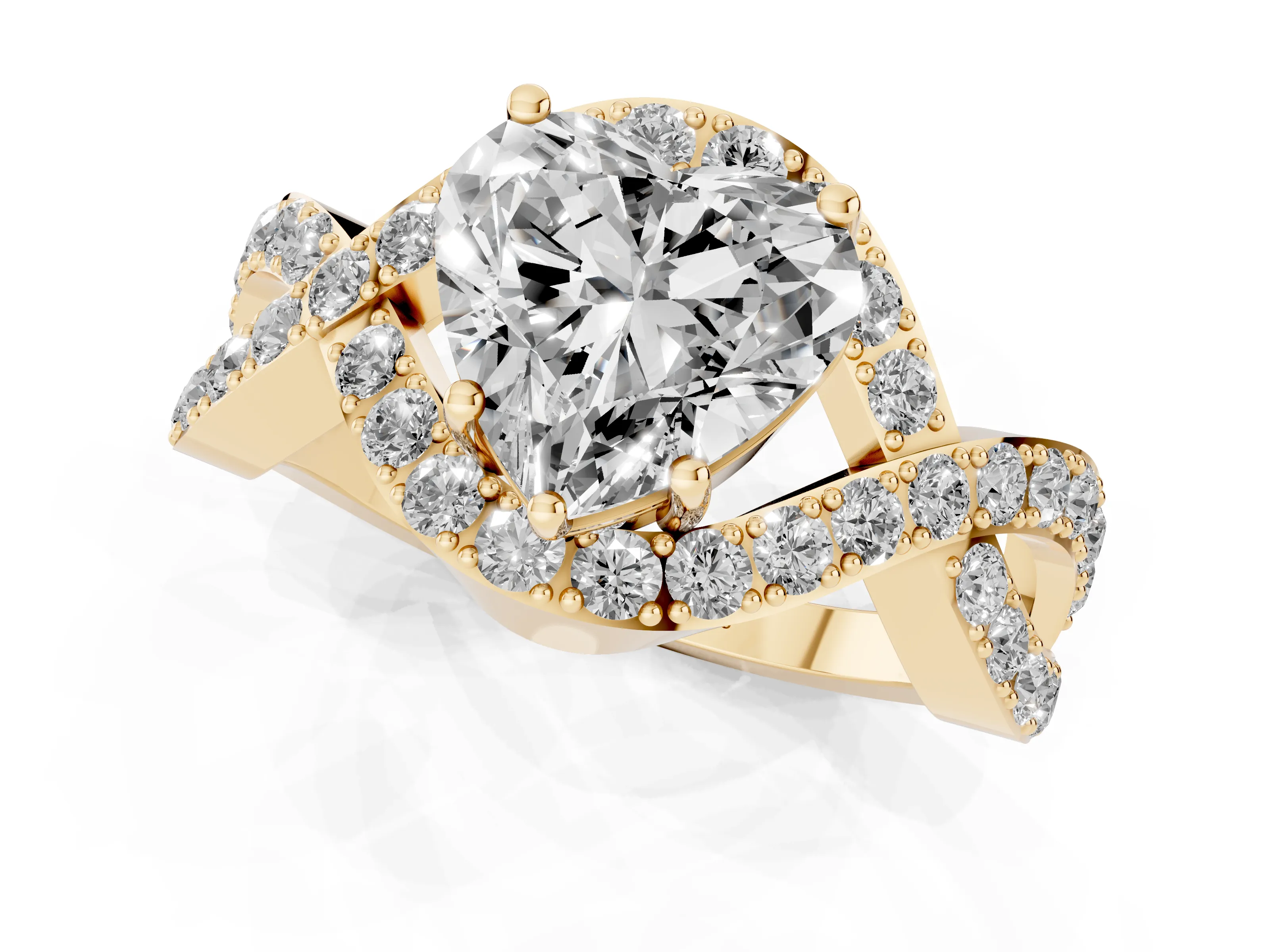 Heart Cut Diamond Solitaire Twist Band Pavé Engagement Ring Set in Yellow gold