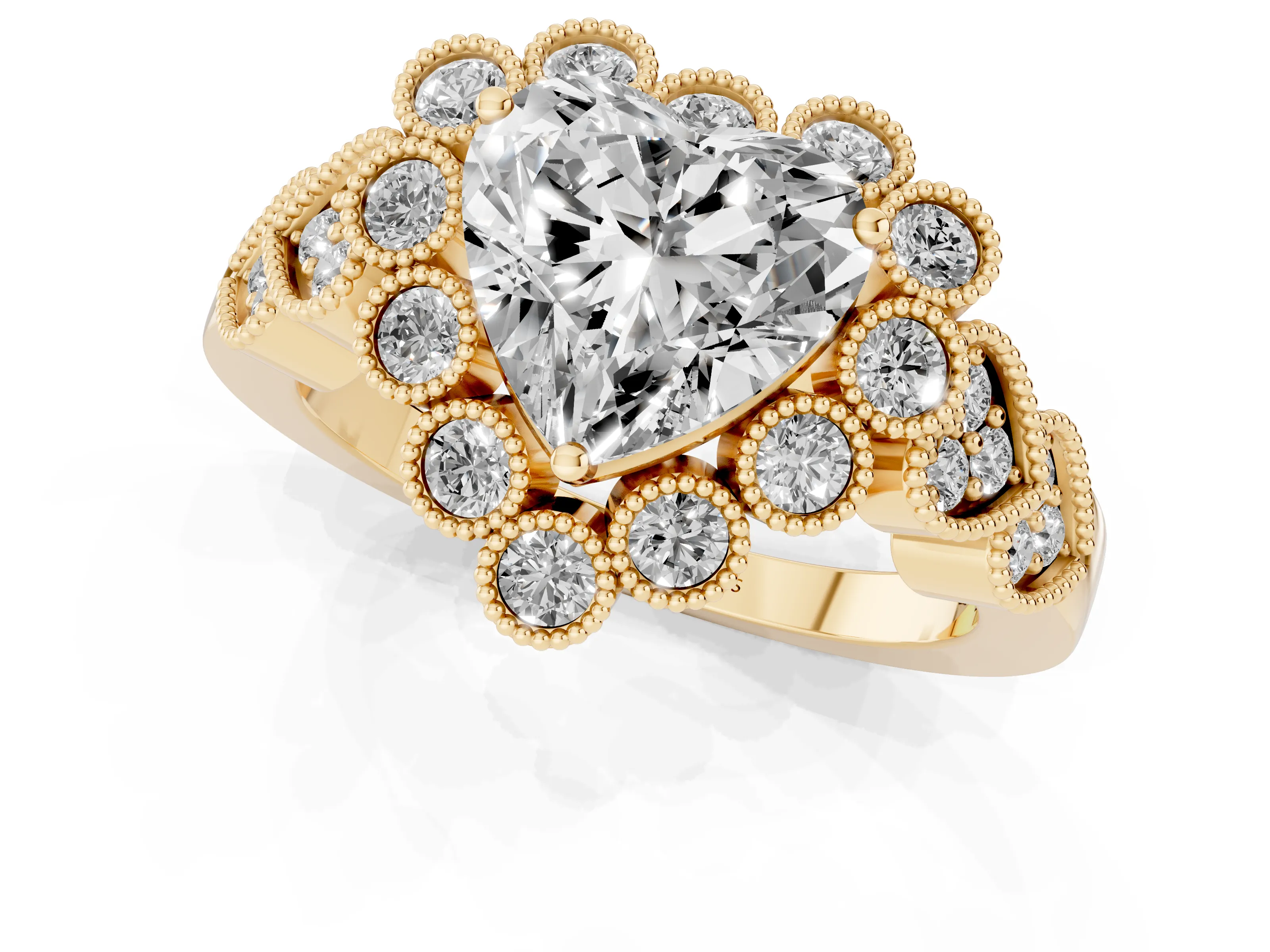 Heart Cut Diamond Solitaire Ring Set in Yellow gold with Milgrain Pavé Heart Band