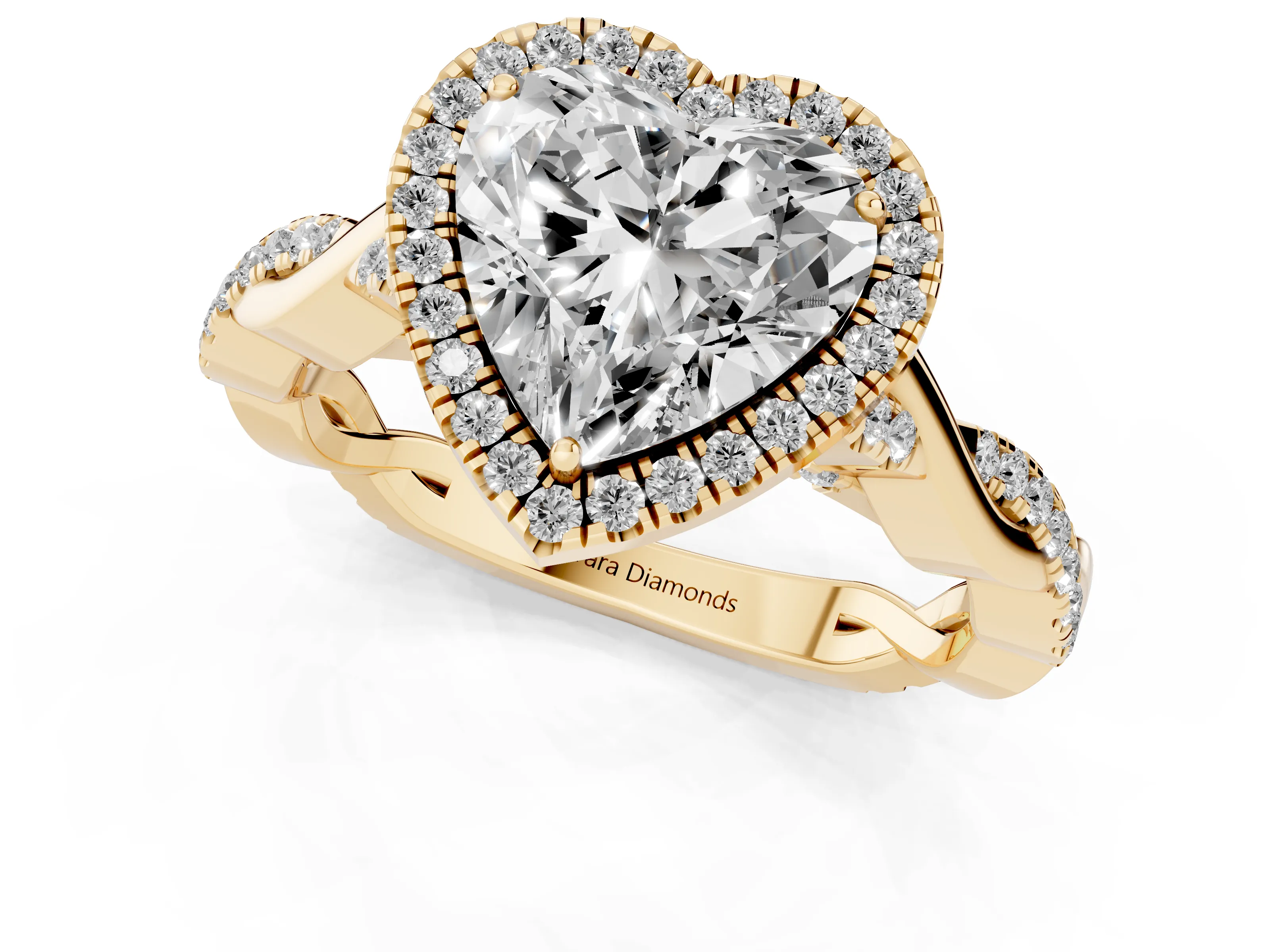 Heart Cut Diamond Halo Twist Band Solitaire Ring Set in Yellow gold with Prong Setting