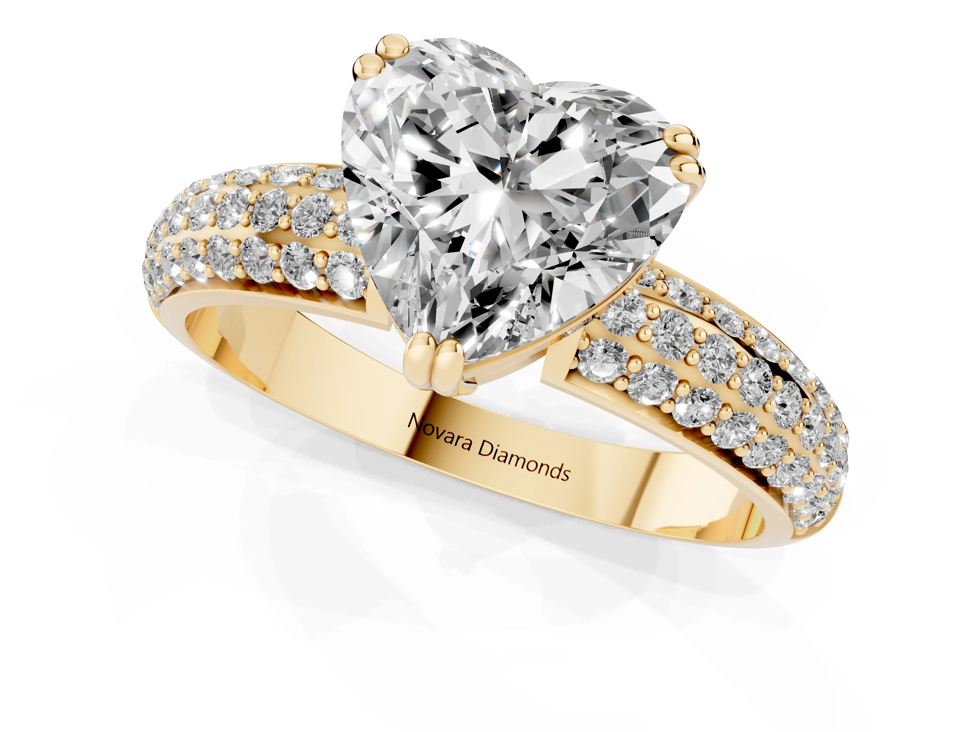 Heart Cut Diamond Solitaire Ring Set in Yellow gold with Multi-Row Round Pavé Band and Prong Setting