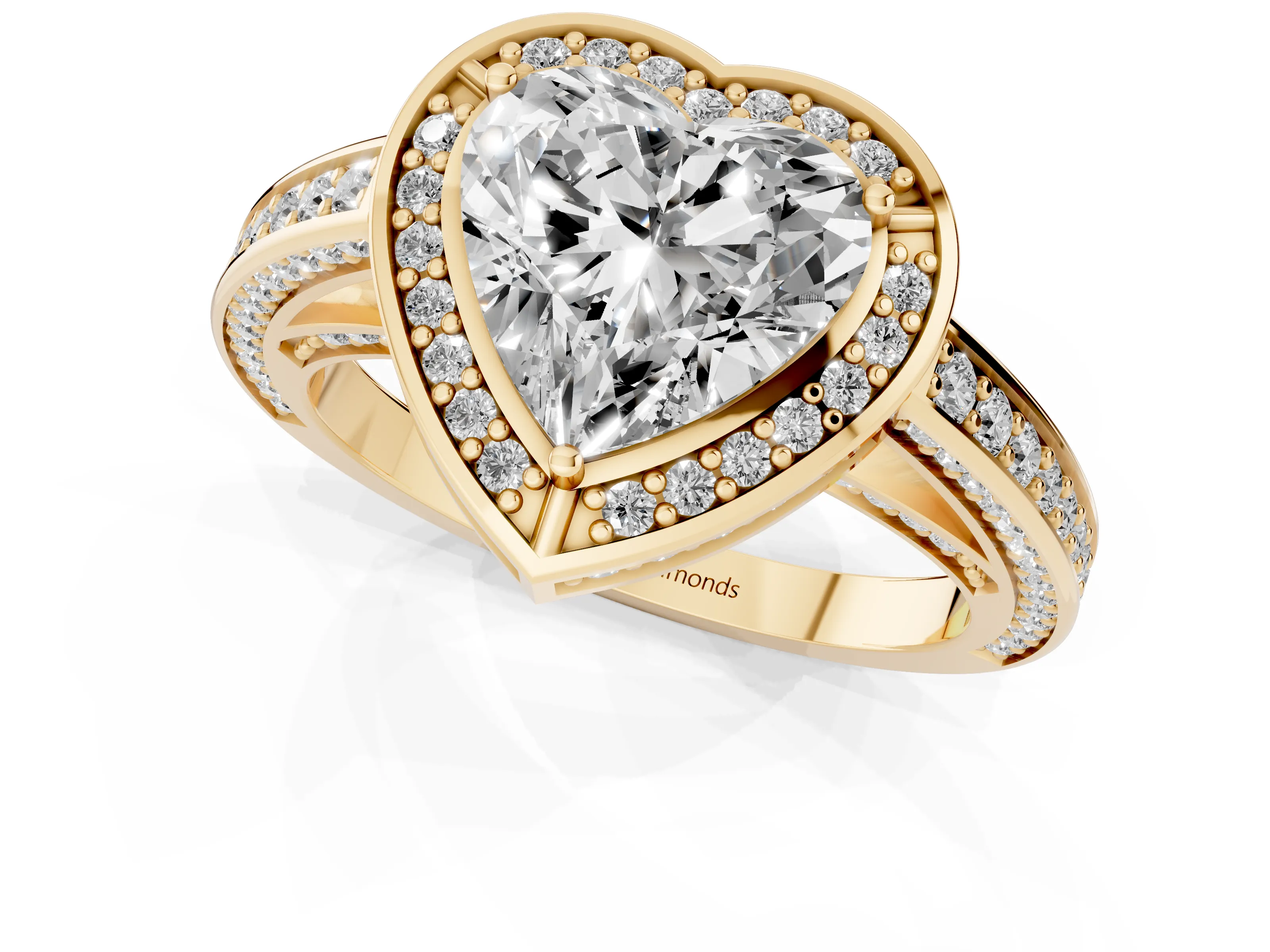 Heart Cut Diamond Halo Pavé Split Shank Ring Set in Yellow gold with Prong Setting