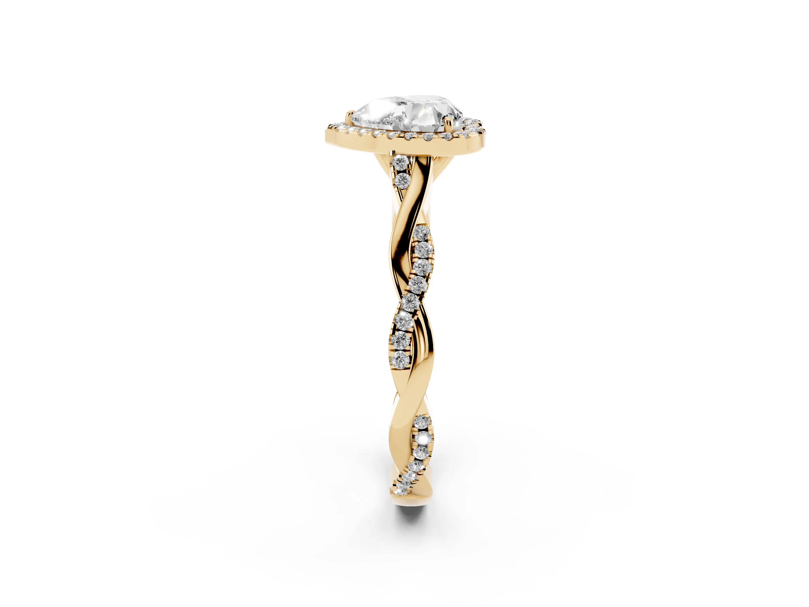 Heart Cut Diamond Halo Twist Band Solitaire Ring Set in Yellow gold with Prong Setting