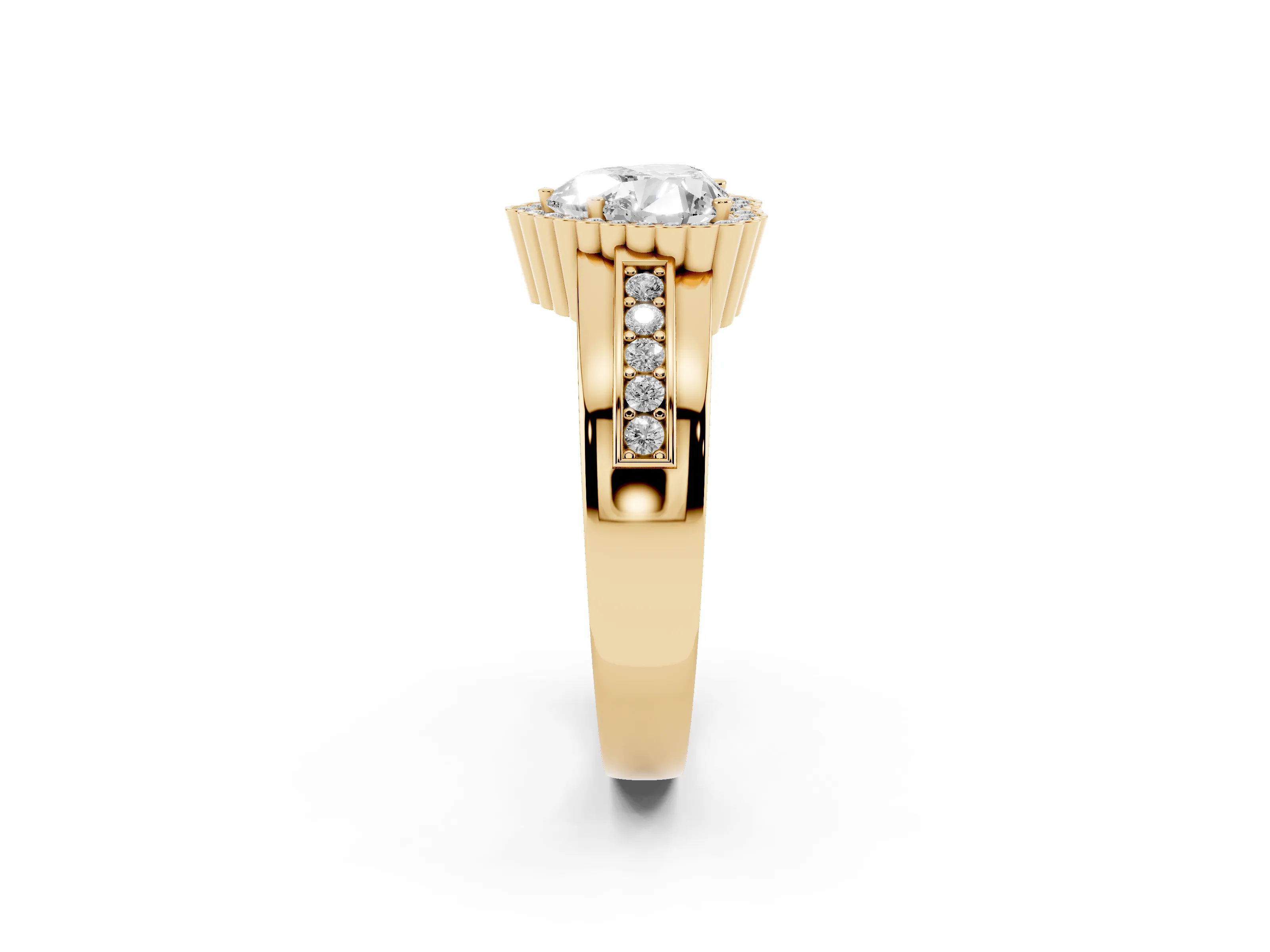 Heart Cut Diamond Halo Prong Ring Set in Yellow gold with Pavé Band