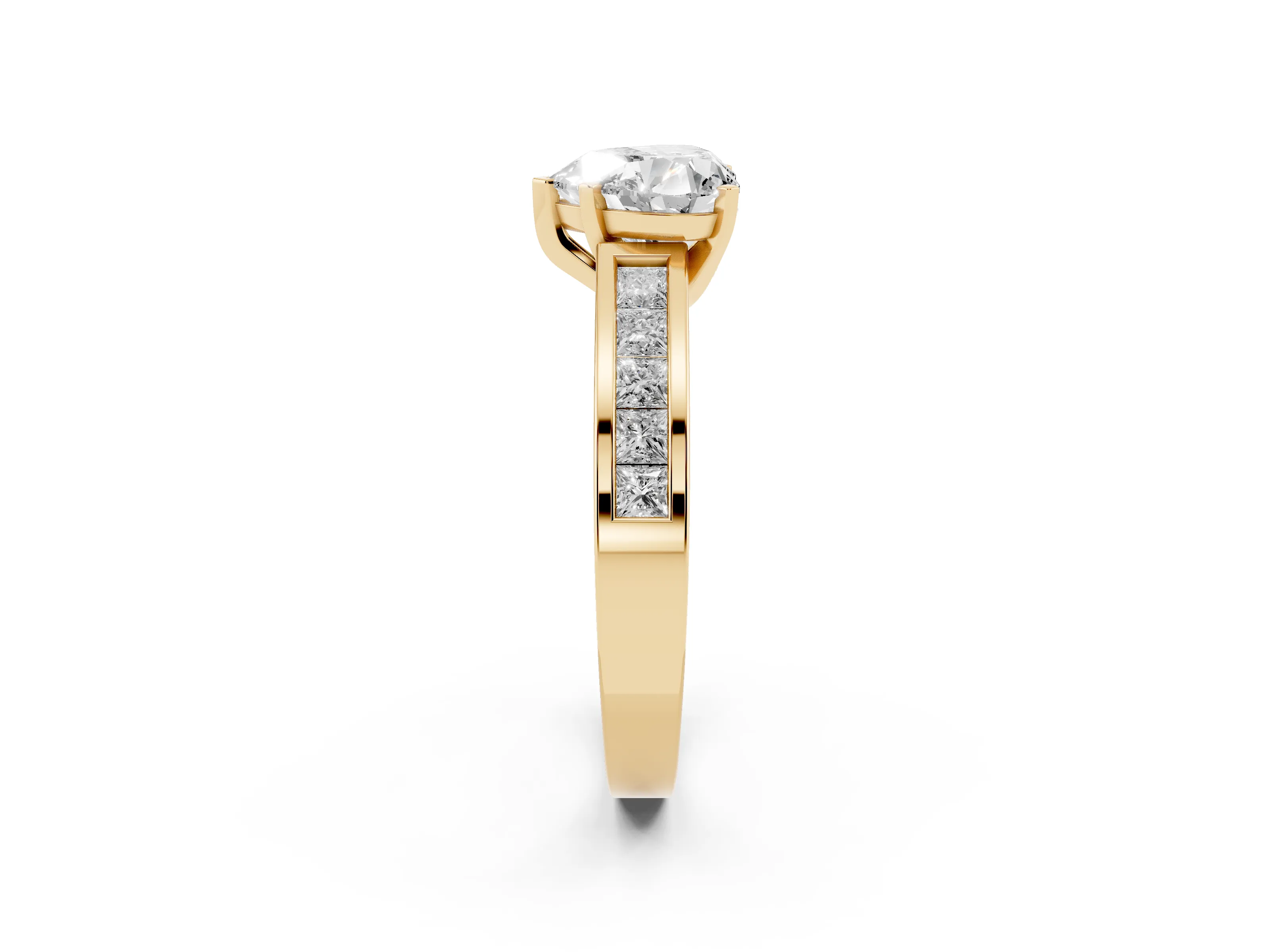Heart Cut Diamond Solitaire Ring Set in Yellow gold with Channel-Set Band and Prong Setting