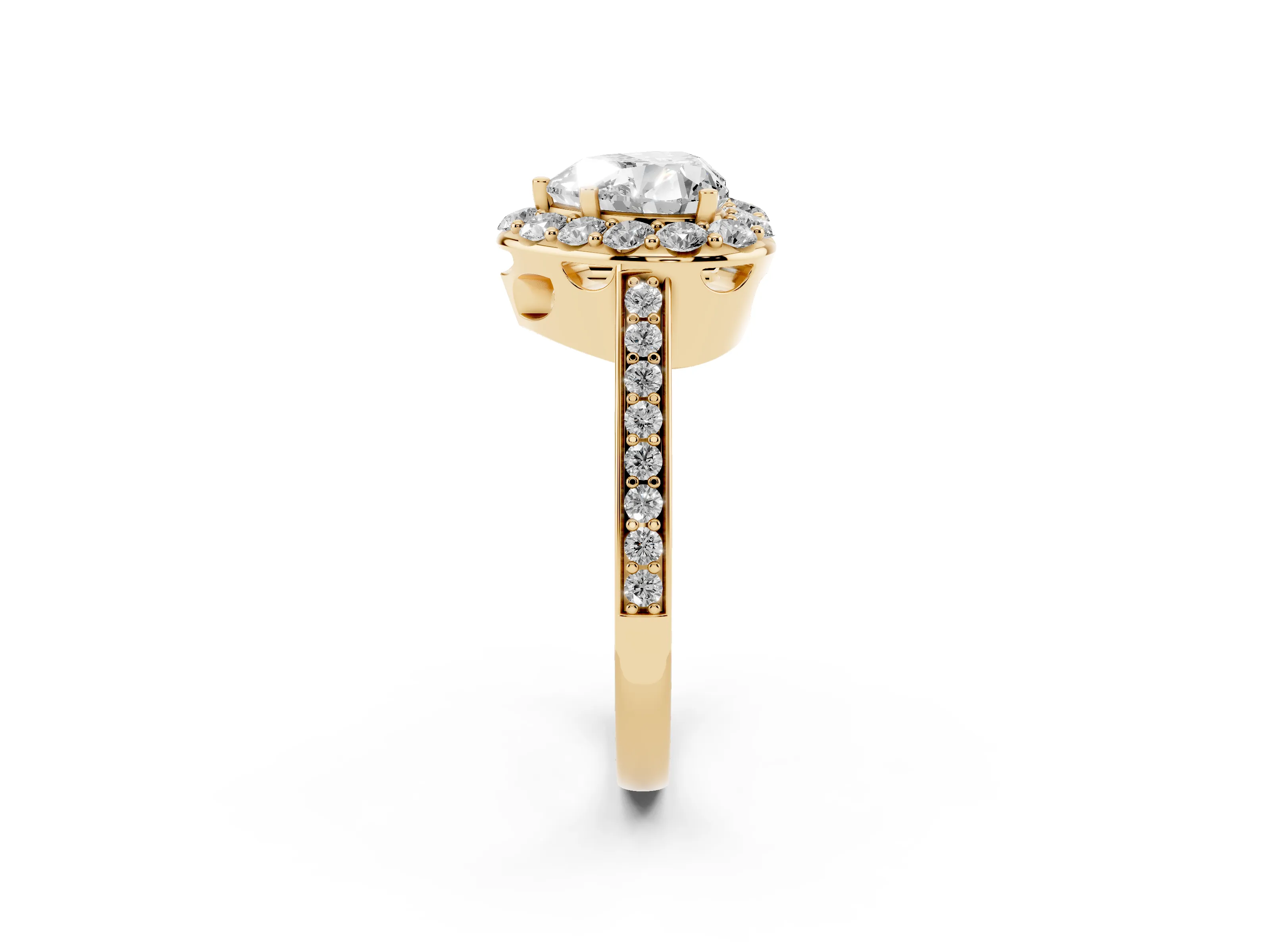 Heart Cut Diamond Floral Halo Ring Set in Yellow gold with Pavé Band and Prong Setting