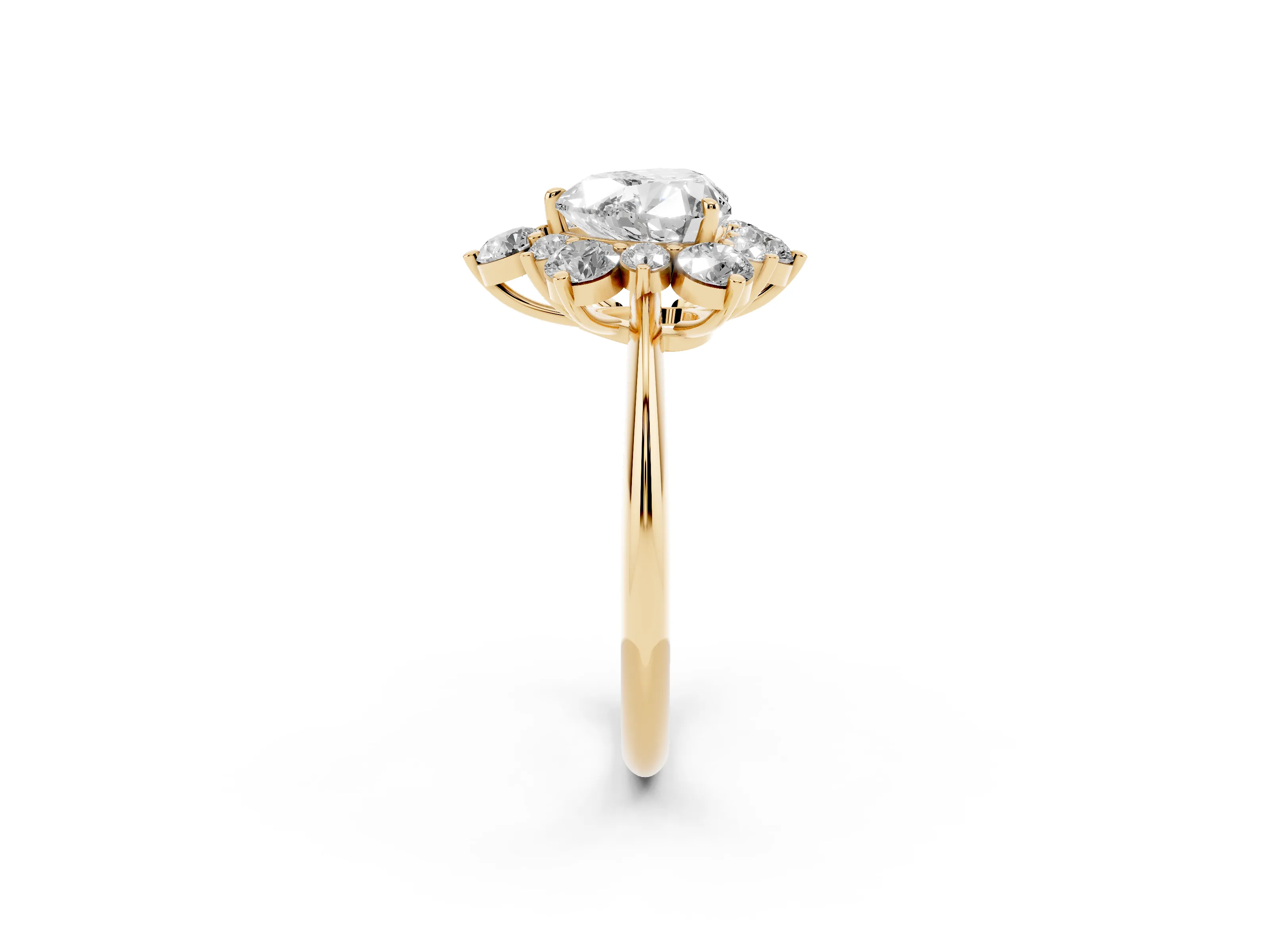 Heart Cut Diamond Cluster Halo Ring Set in Yellow gold with Solitaire Band and Prong Setting