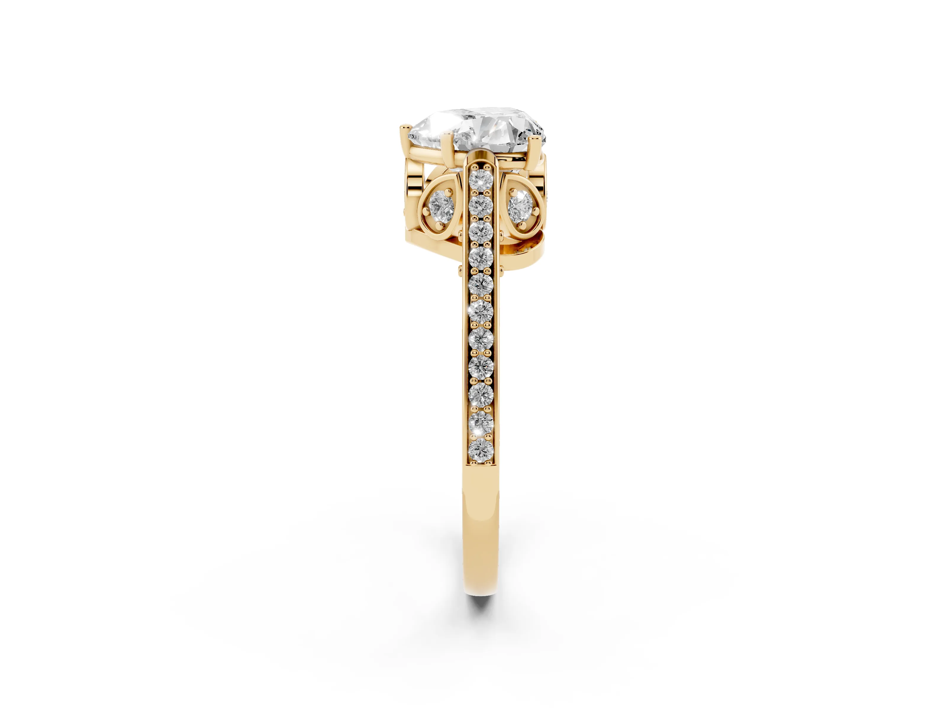 Heart Cut Diamond Cathedral Pavé Engagement Ring Set in Yellow gold with Prong Setting