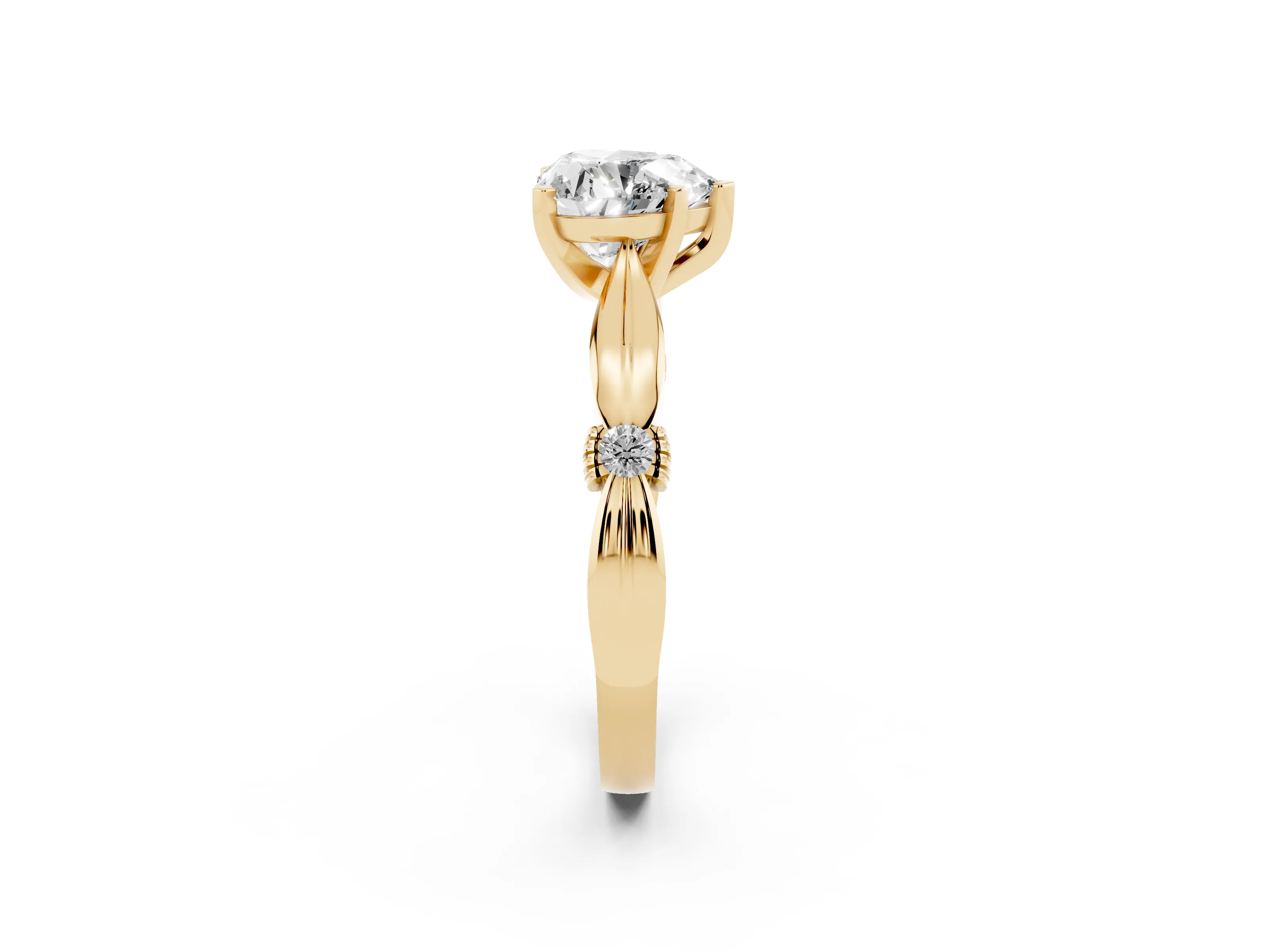 Heart Cut Diamond Solitaire Twisted Band Ring Set in Yellow gold with Accent Stones and Prong Setting