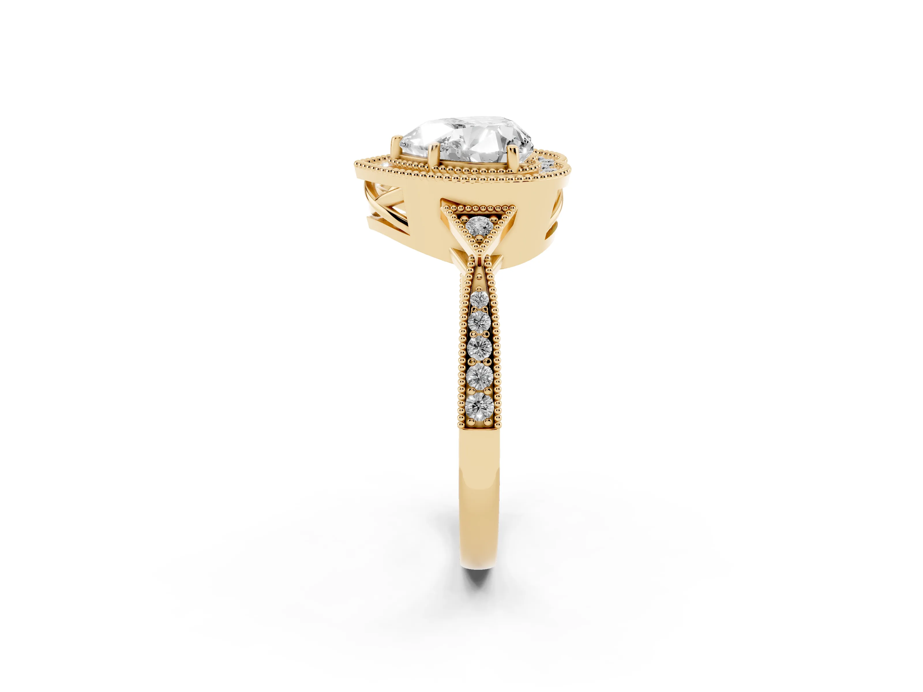 Heart Cut Diamond Halo Engagement Ring Set in Yellow gold with Milgrain Pavé Band