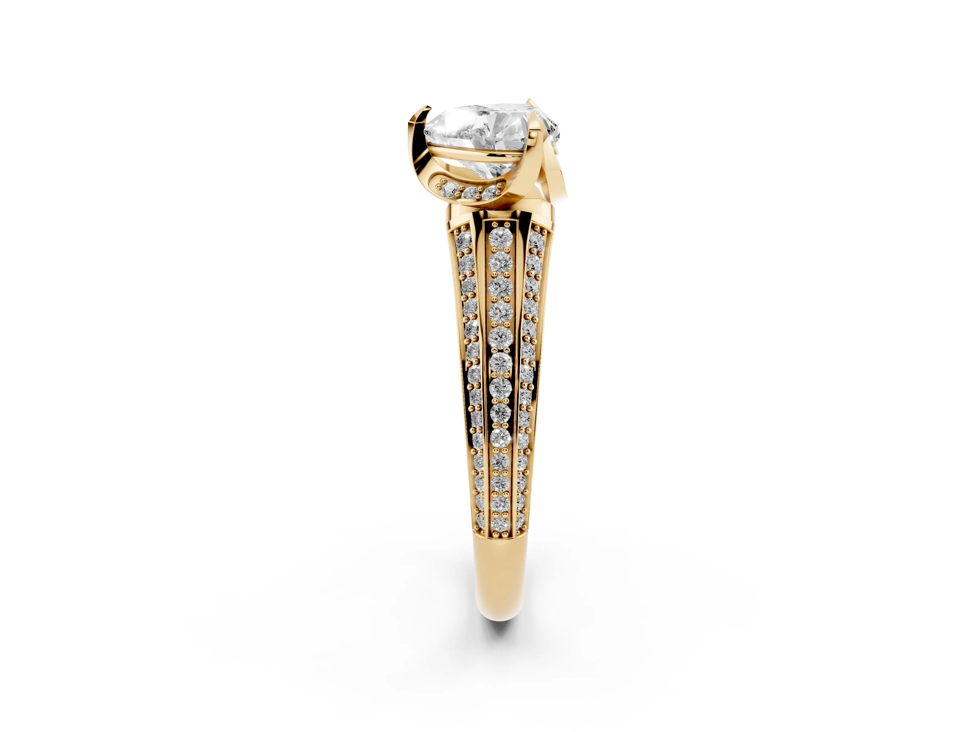 Heart Cut Diamond Pavé Split Shank Solitaire Ring Set in Yellow gold with Prong Setting