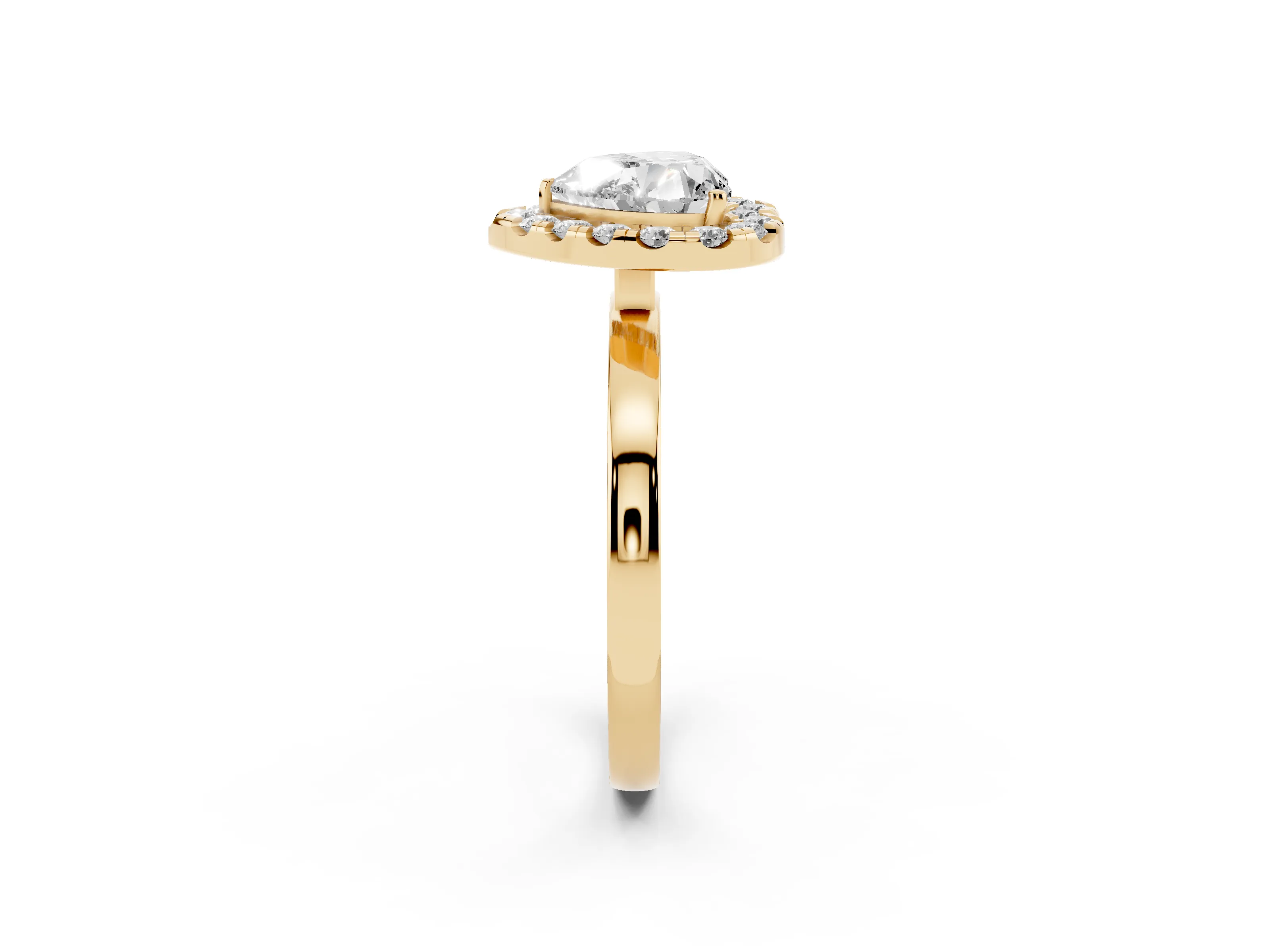Heart Cut Diamond Halo Solitaire Ring Set in Yellow gold with Pavé Band and Prong Setting