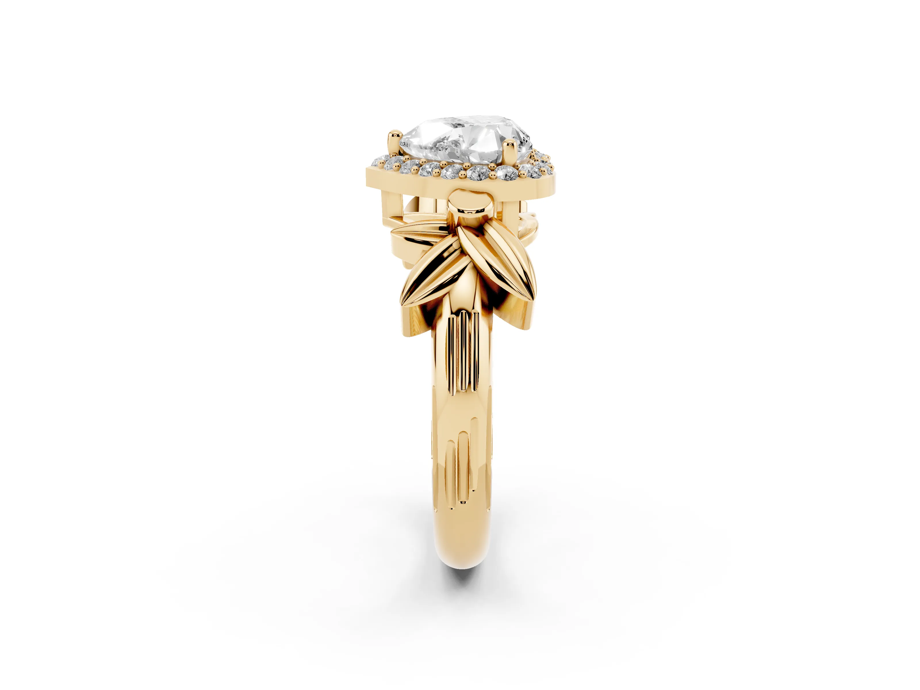 Heart Cut Diamond Halo Floral Band Ring Set in Yellow gold with Prong Setting