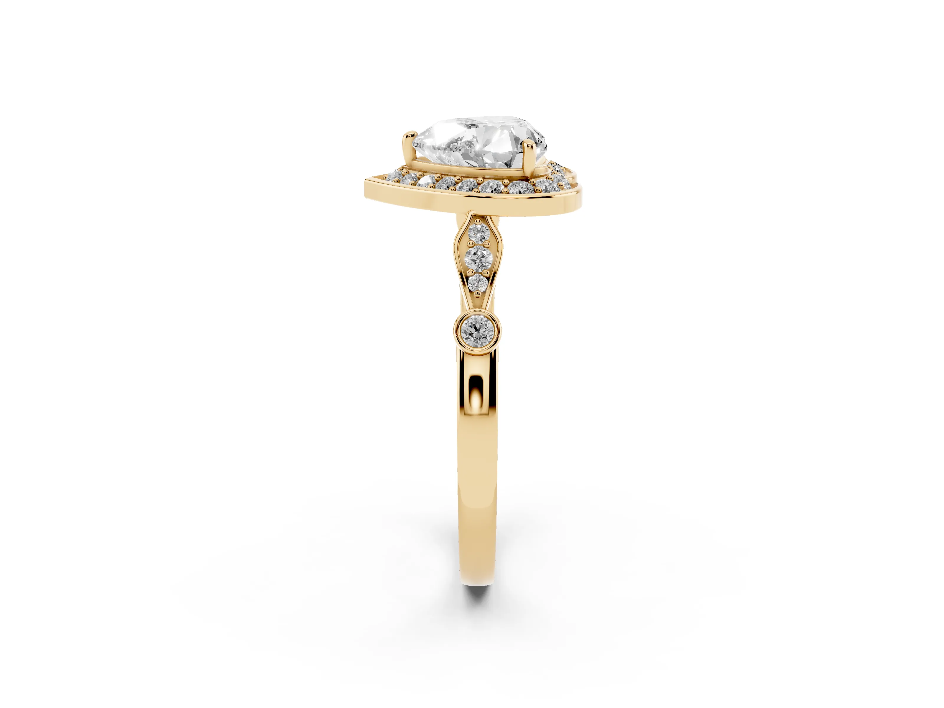 Heart Cut Diamond Halo Engagement Ring Set in Yellow gold with Twisted Band and Prong Setting