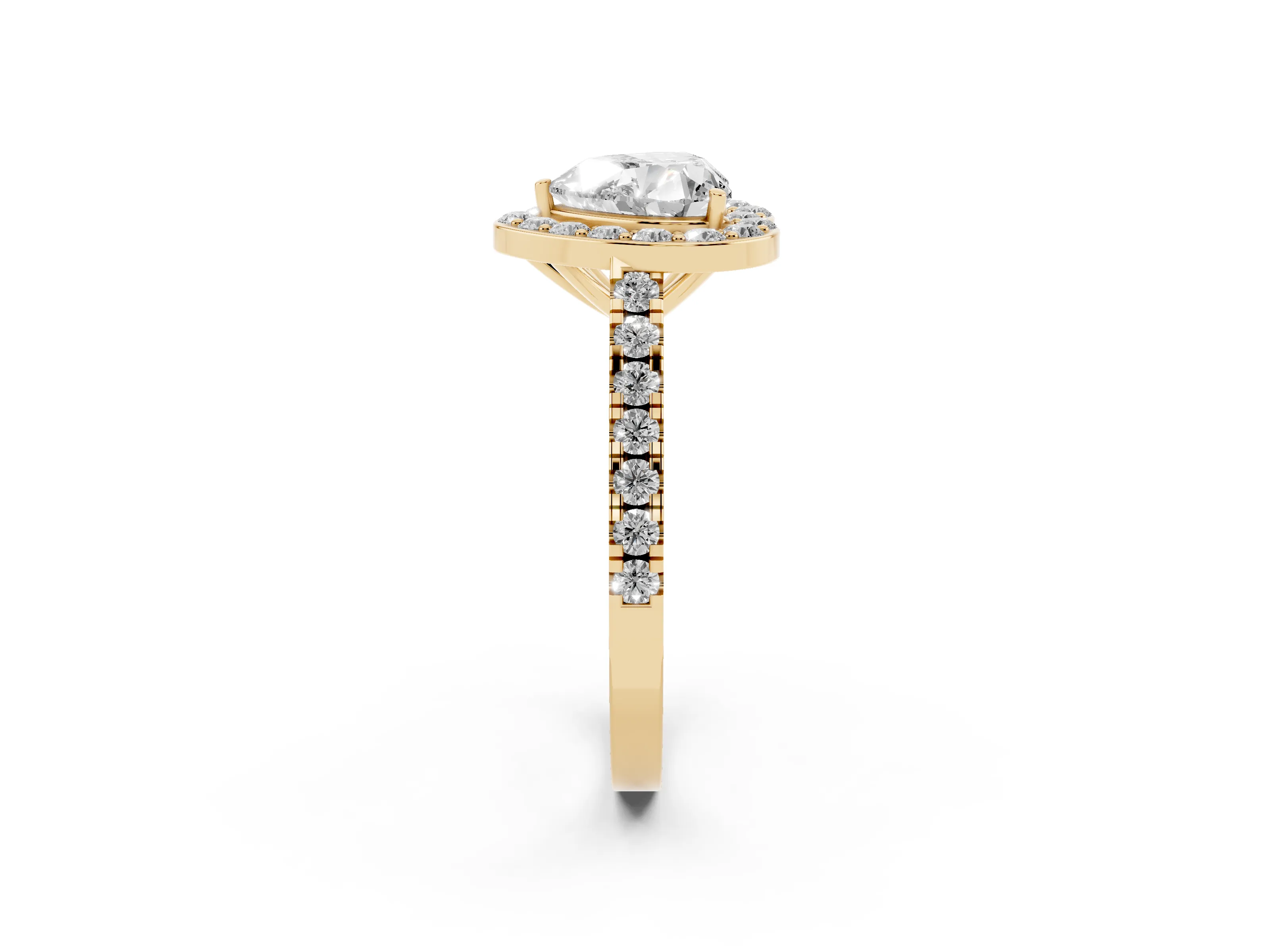 Heart Cut Diamond Halo Ring Set in Yellow gold with Round Pavé Split Shank and Prong Setting